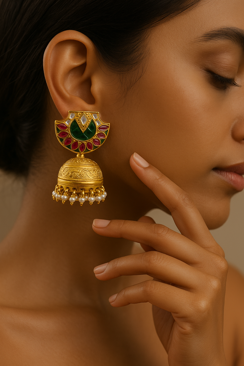 Lotus Motif Jhumka Earrings with Enamel and Pearls