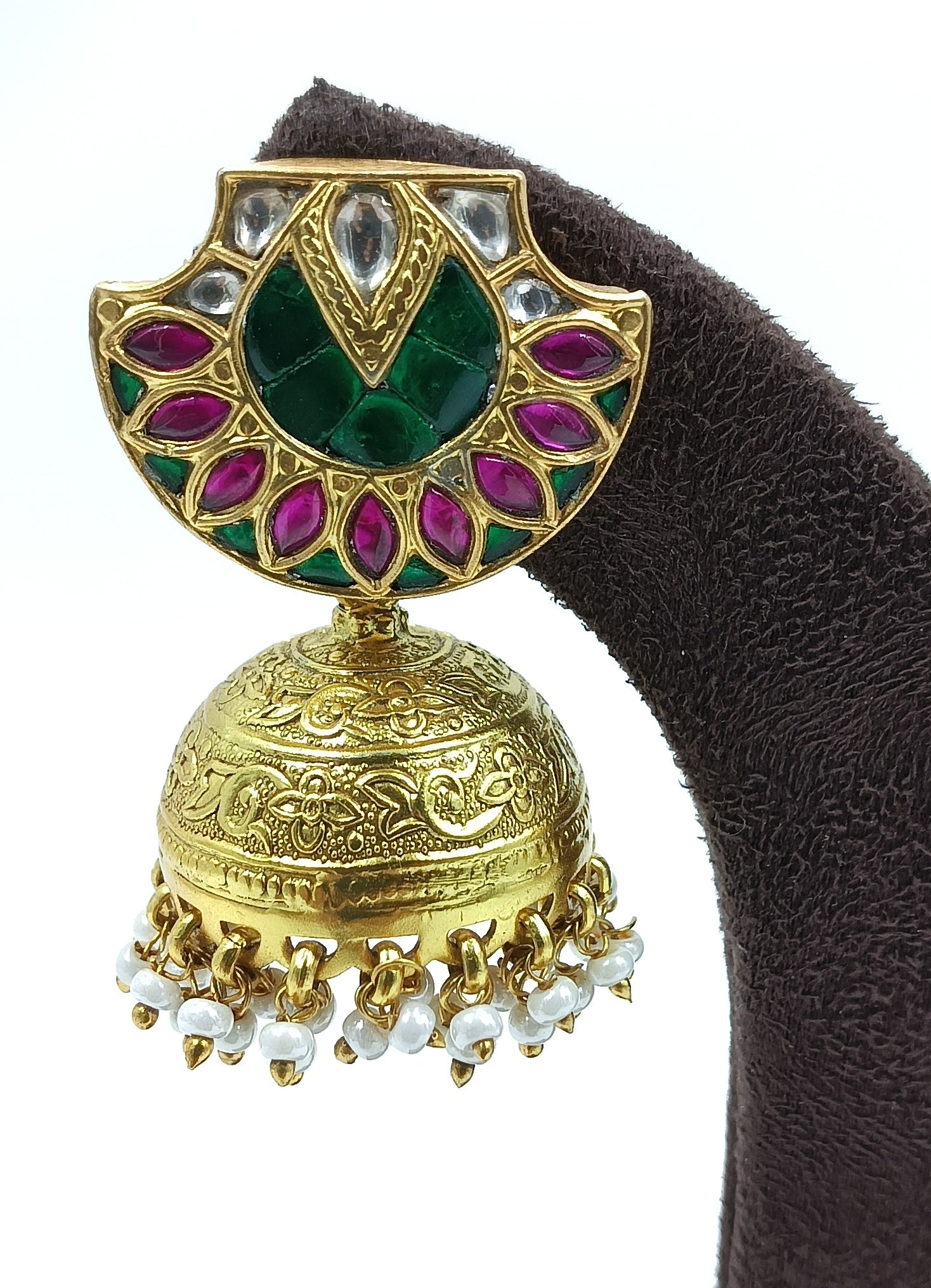 Lotus Motif Jhumka Earrings with Enamel and Pearls
