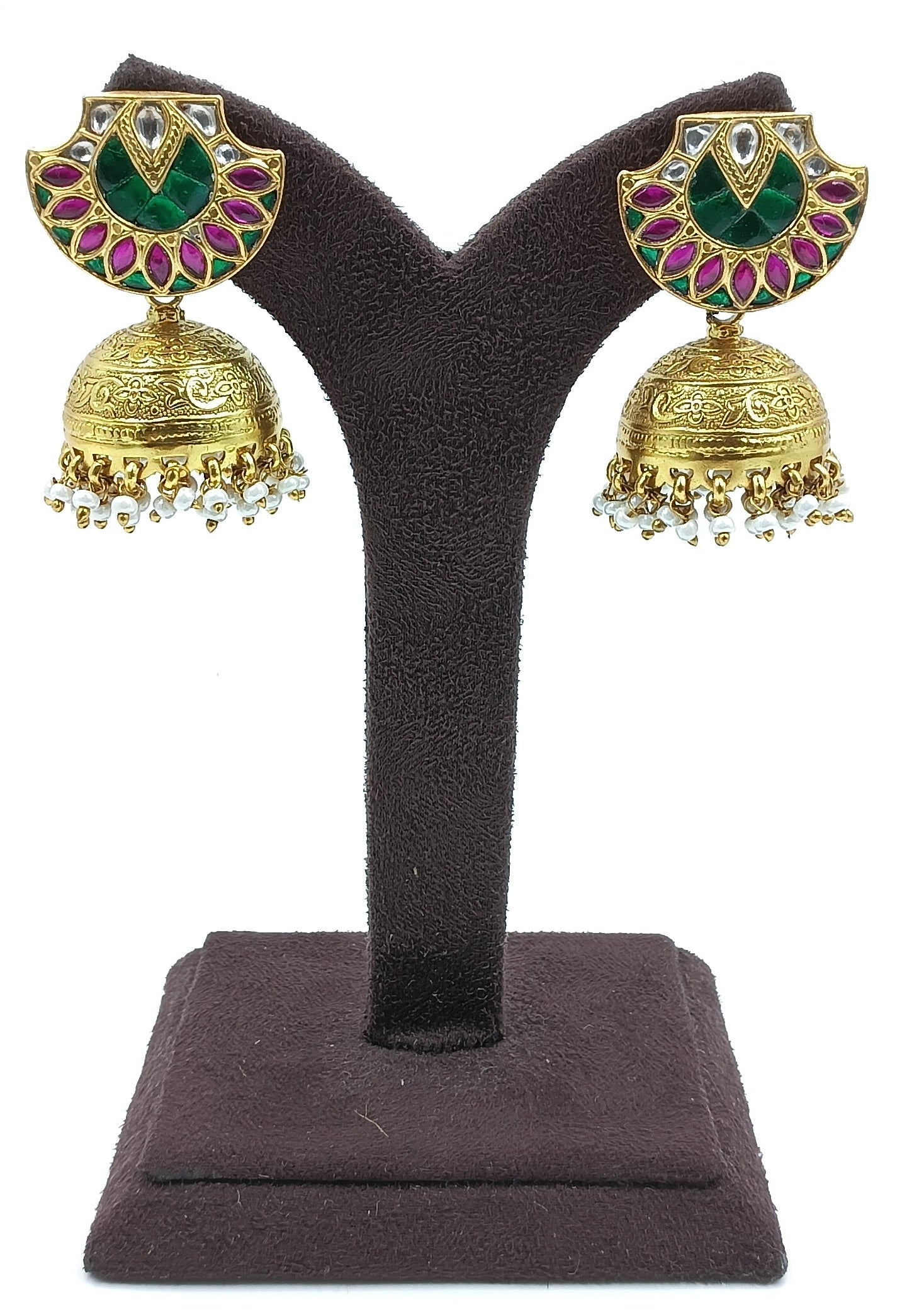 Lotus Motif Jhumka Earrings with Enamel and Pearls