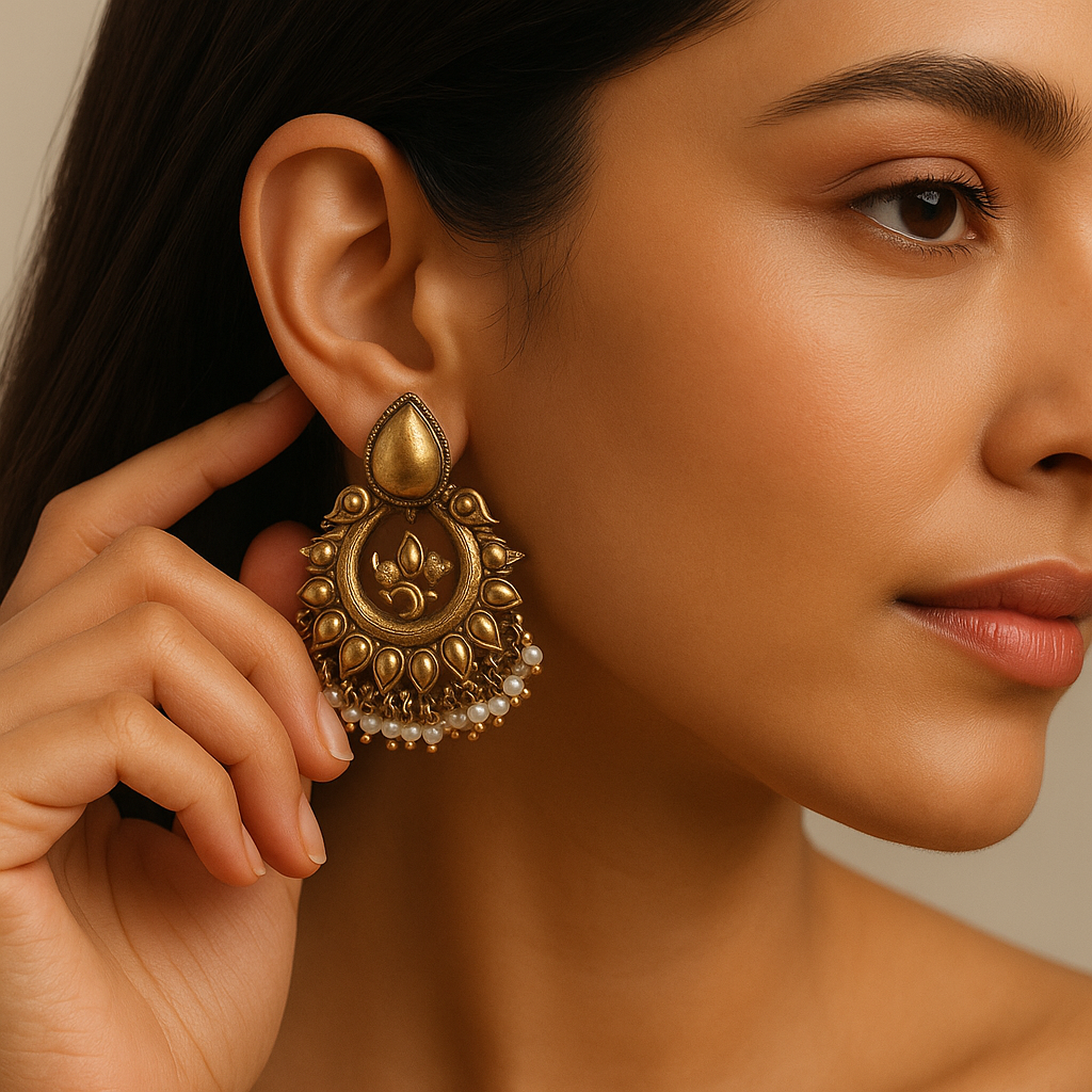Antique Finish Hoop Earrings with Pearl Fringe