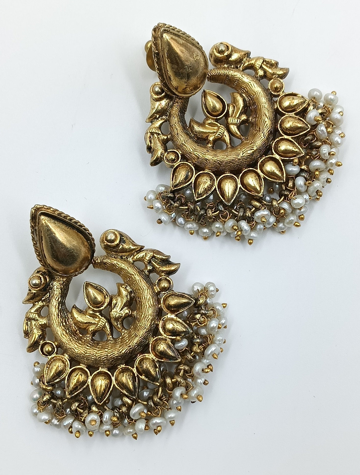 Antique Finish Hoop Earrings with Pearl Fringe