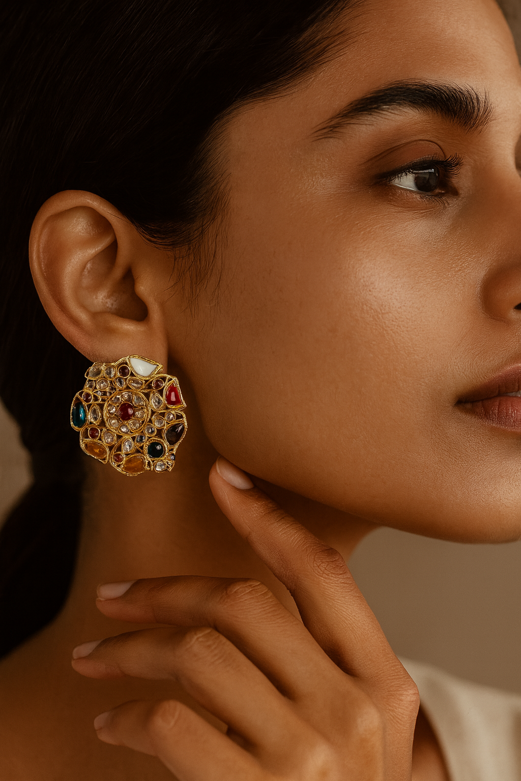 Navratna Stud Earrings in Gold Finish