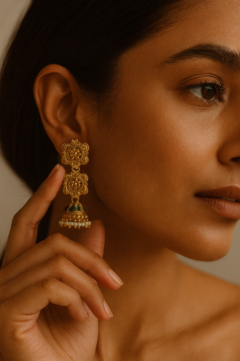 Floral Jhumka Earrings with Dual Enamel Motifs