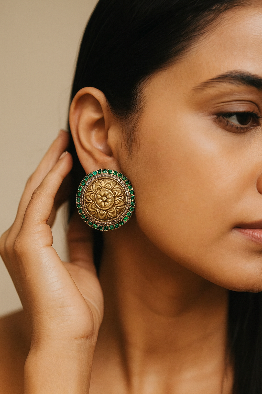 Antique Round Stud Earrings with Green Accents