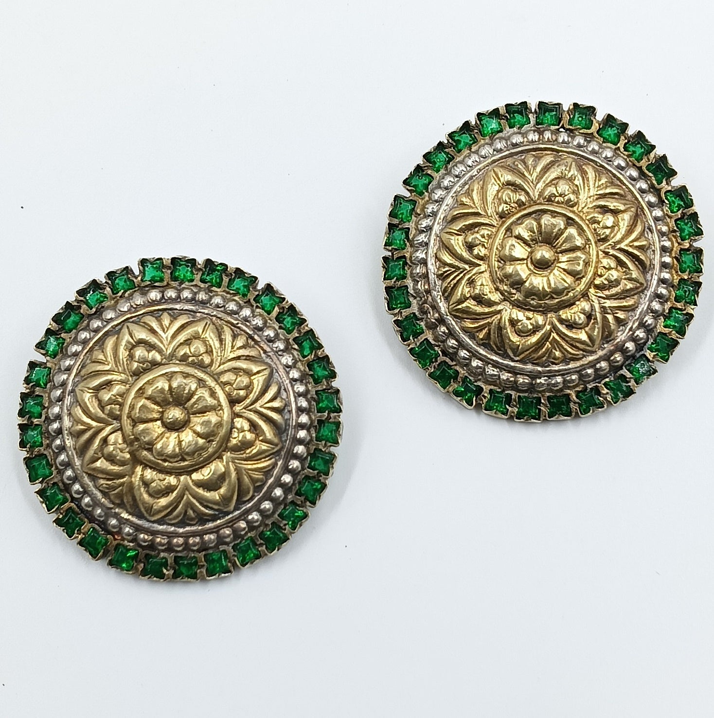 Antique Round Stud Earrings with Green Accents