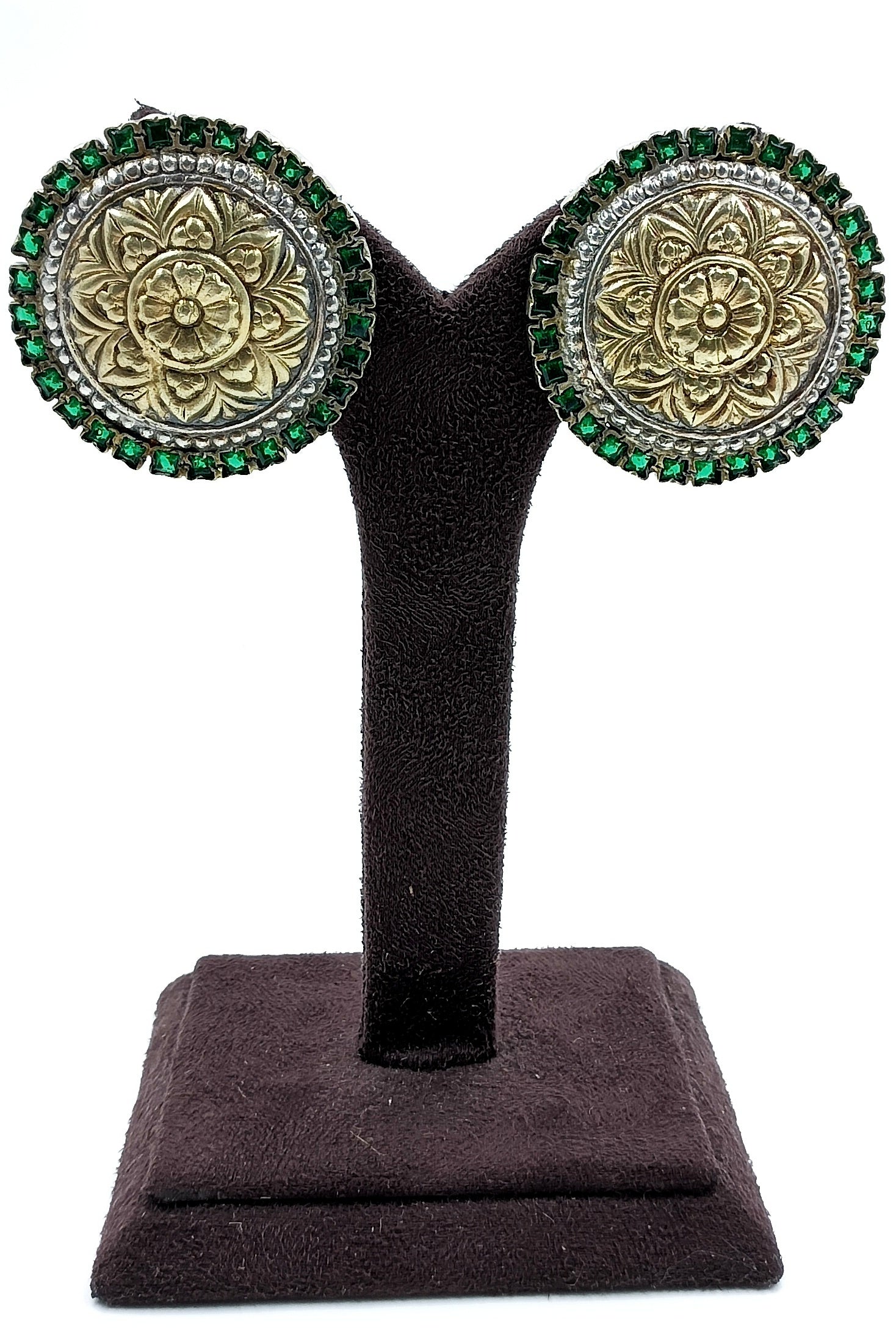 Antique Round Stud Earrings with Green Accents