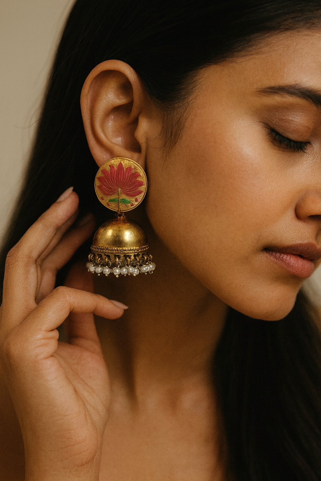 Lotus Enamel Dome Earrings with Pearl Fringe