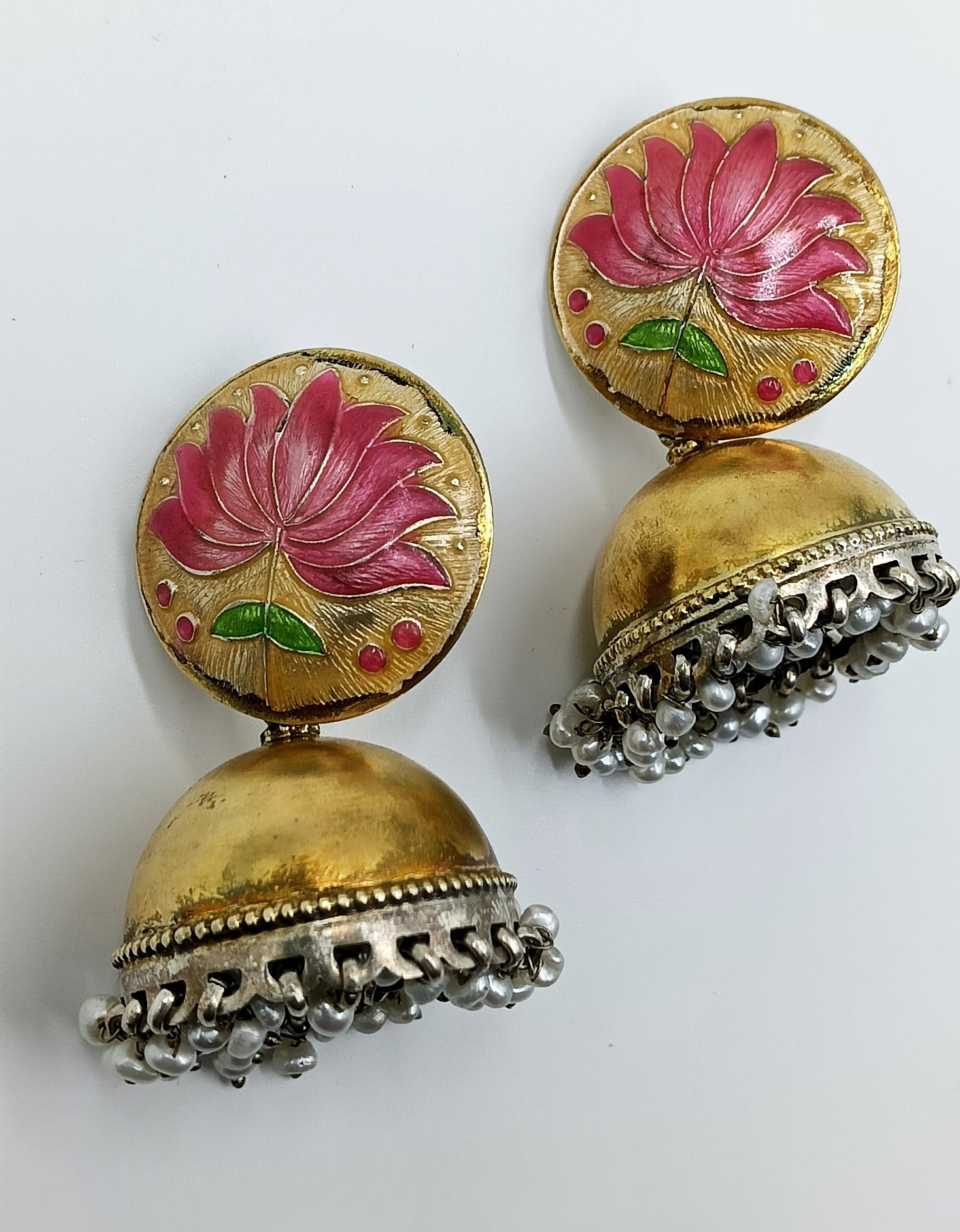 Lotus Enamel Dome Earrings with Pearl Fringe