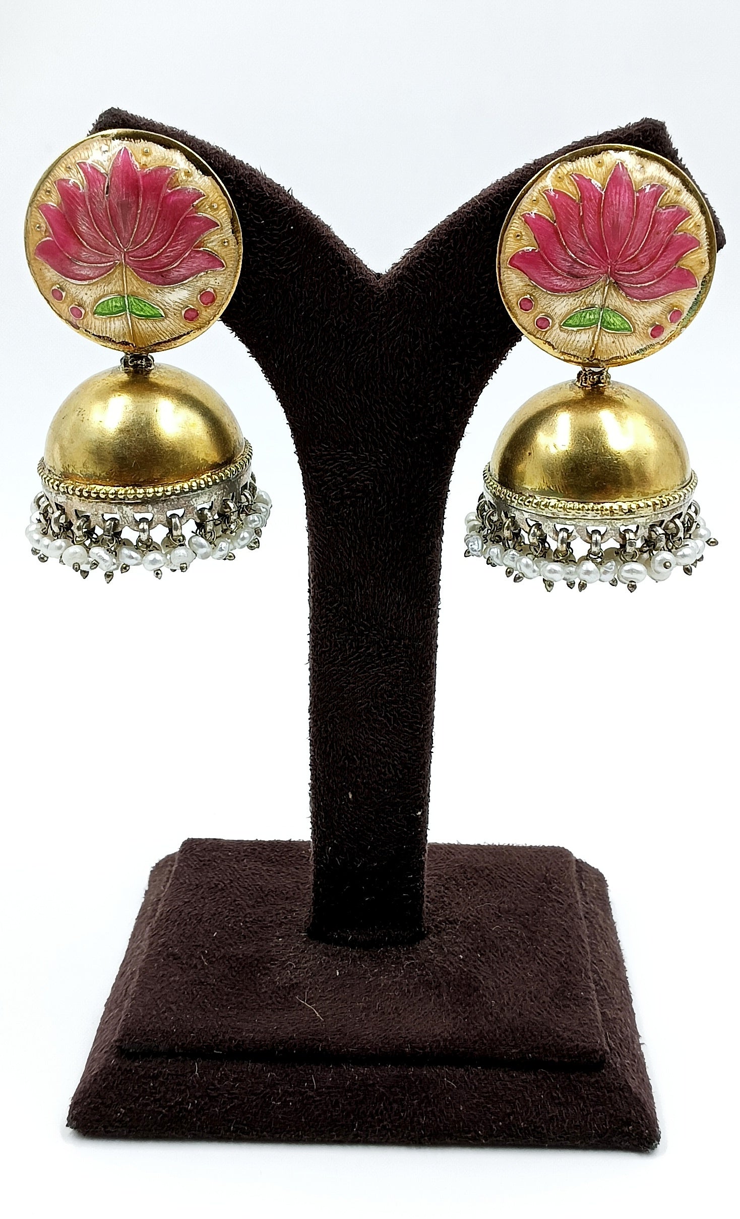 Lotus Enamel Dome Earrings with Pearl Fringe