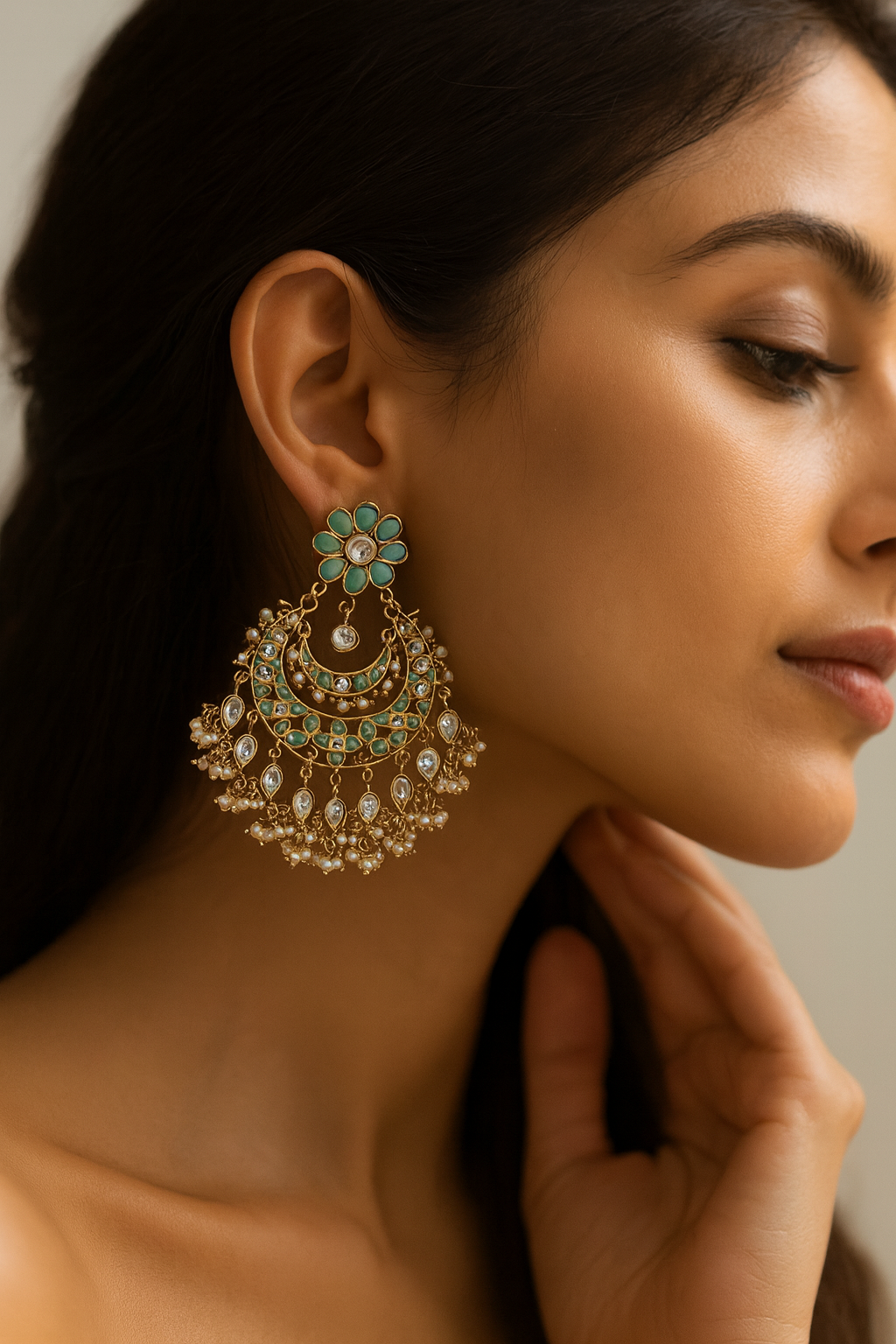 Mint Green Polki Chandbali Earrings