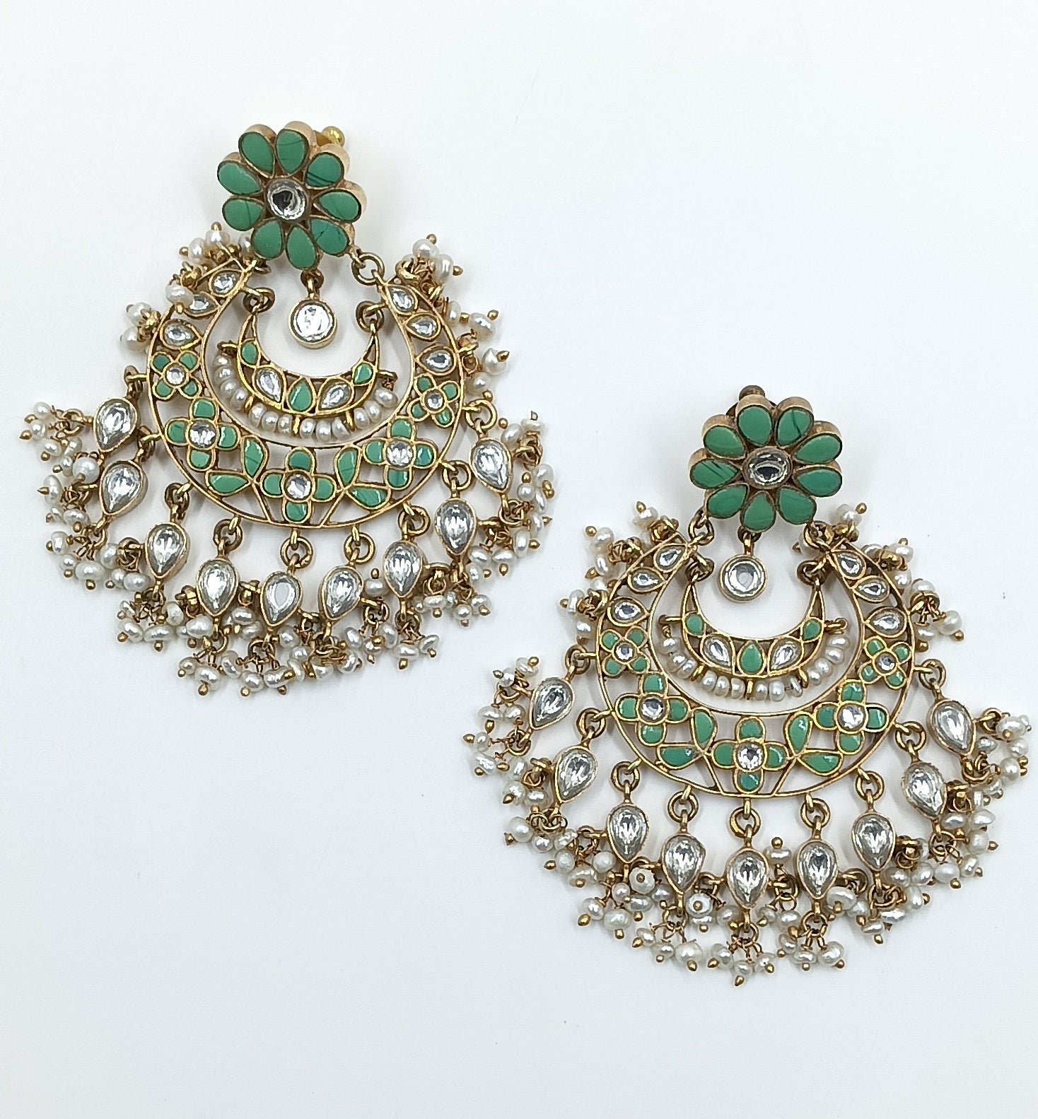 Mint Green Polki Chandbali Earrings