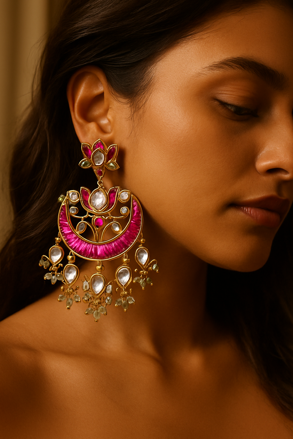 Fuchsia Lotus Chandbali Earrings
