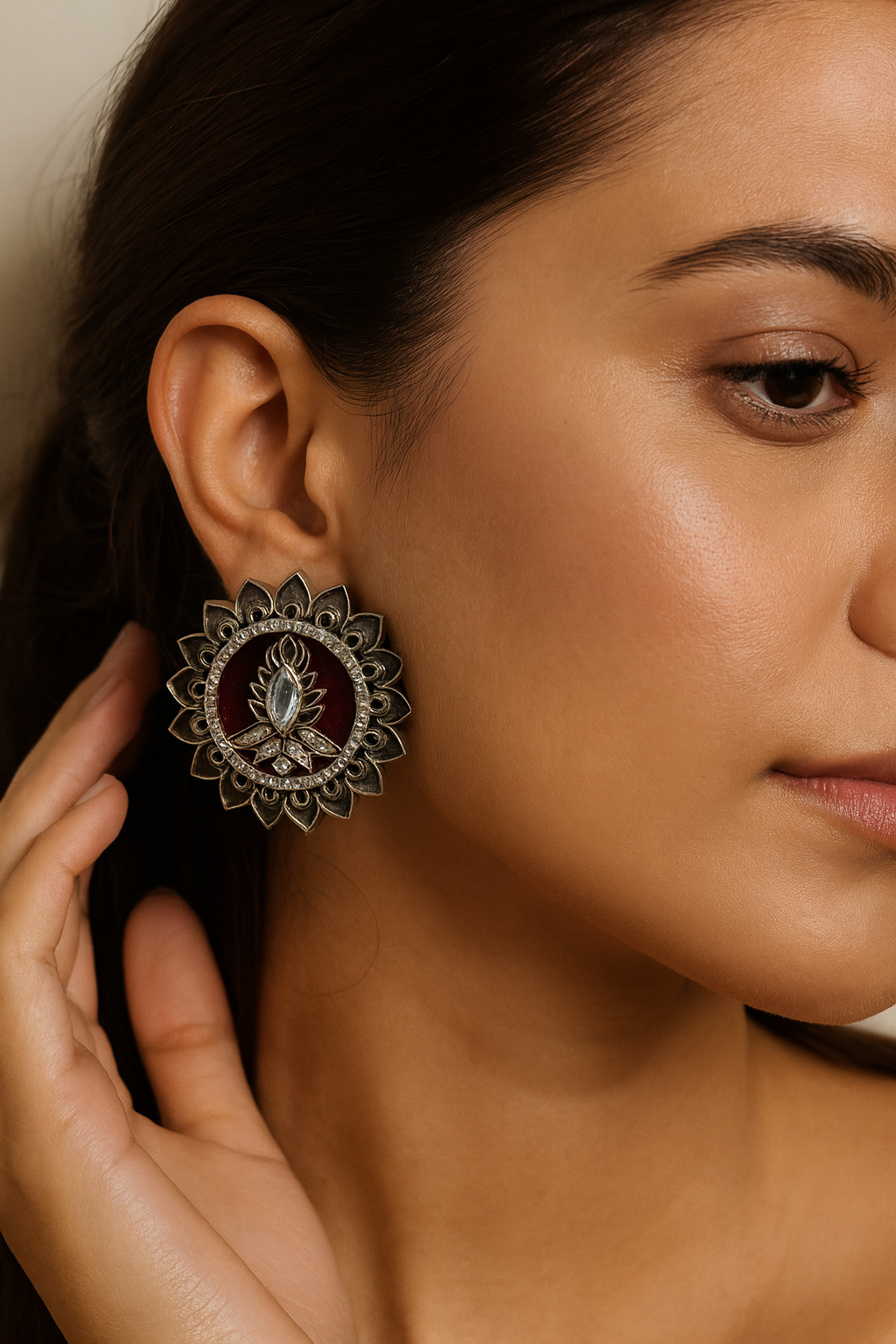 Maroon Velvet Lotus Stud Earrings