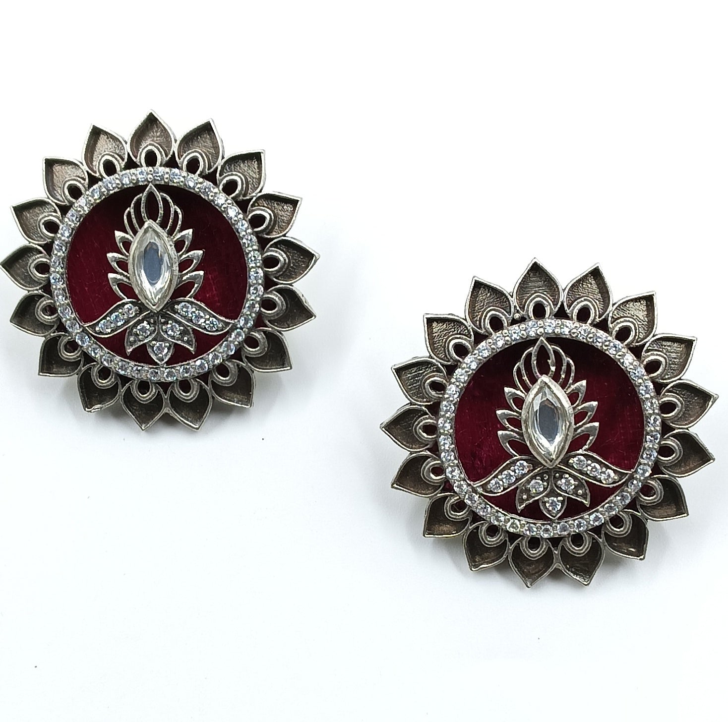 Maroon Velvet Lotus Stud Earrings