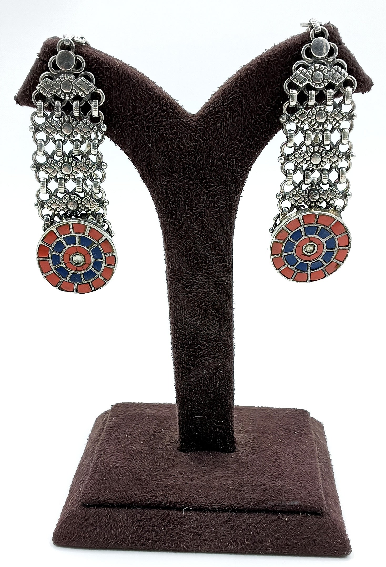 Dangling Tribal Silver Earrings with Mosaic Disc