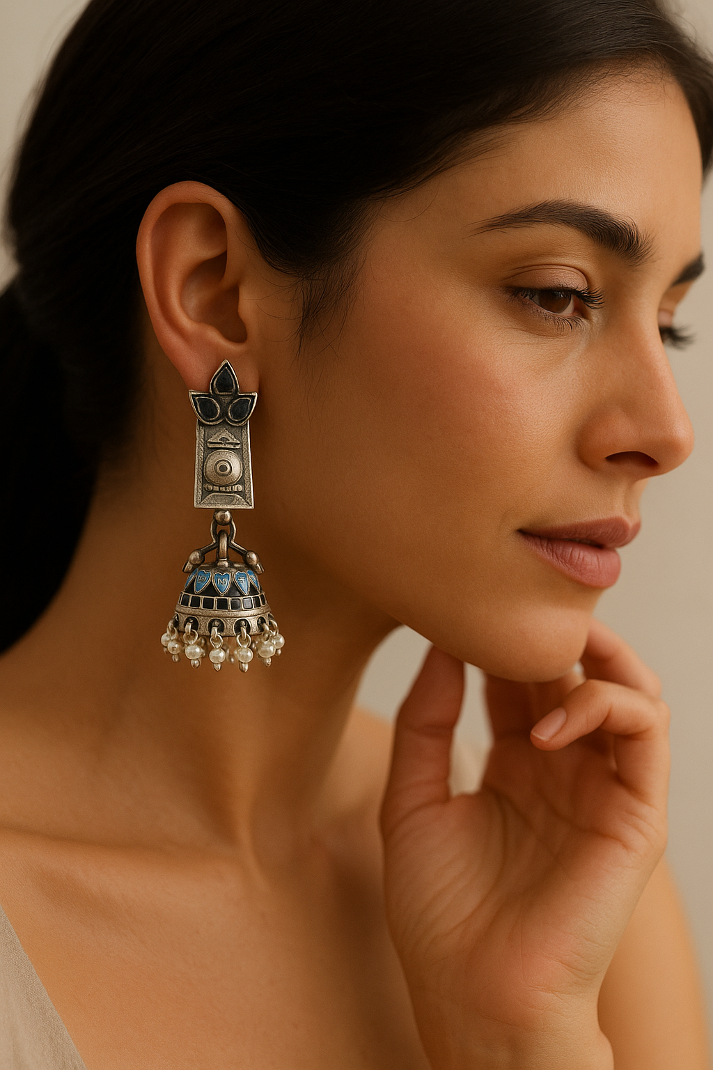 Oxidised Jhumka Earrings with Enamel Dome