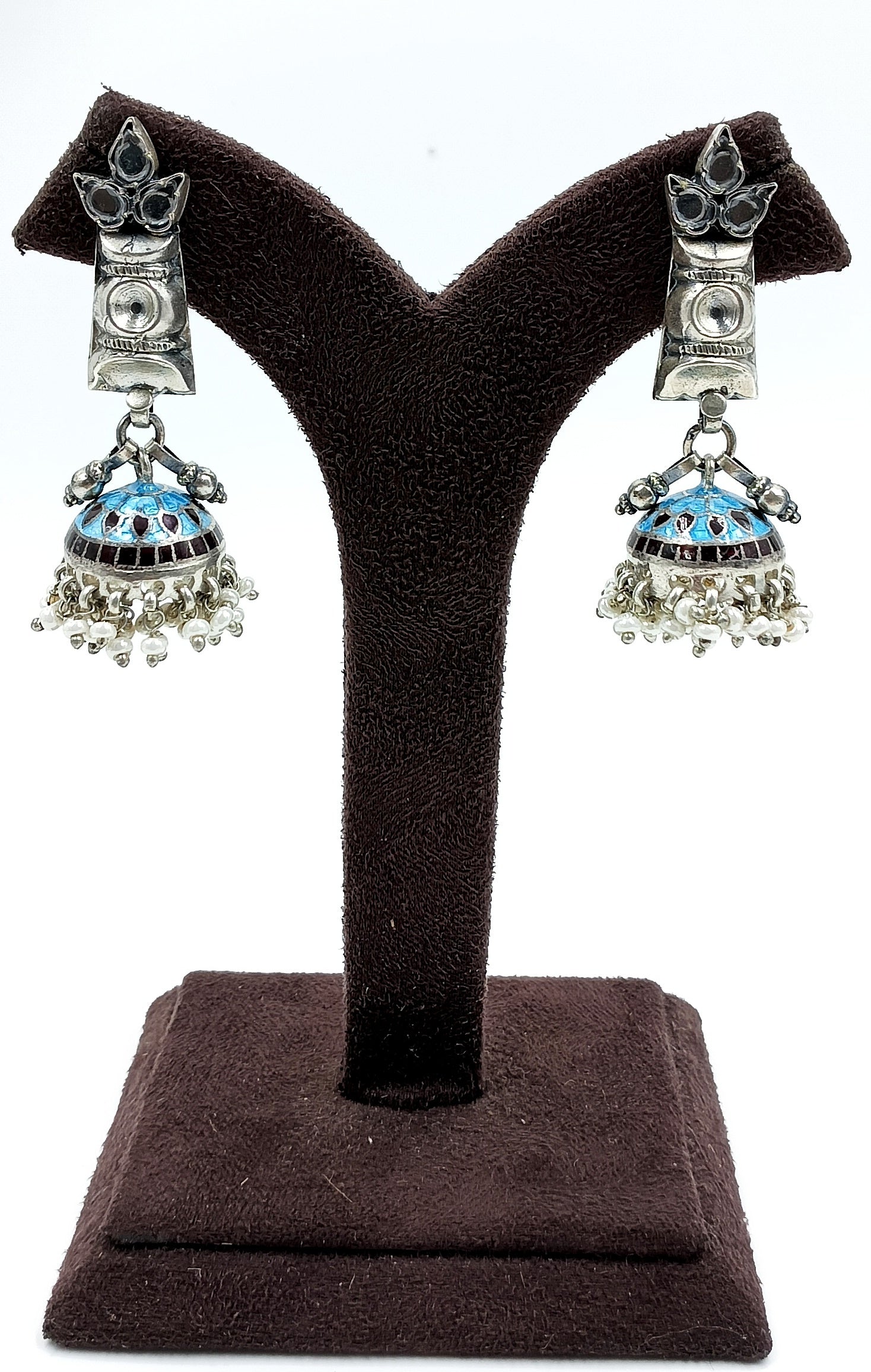 Oxidised Jhumka Earrings with Enamel Dome