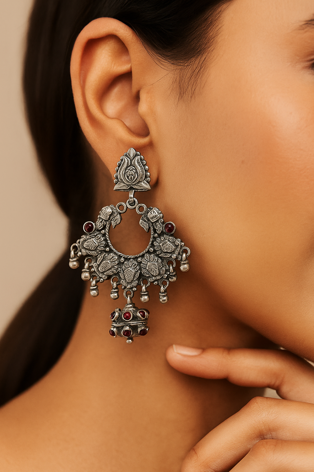 Oxidized Ghunghroo Jhumka Earrings with Peacock Motifs