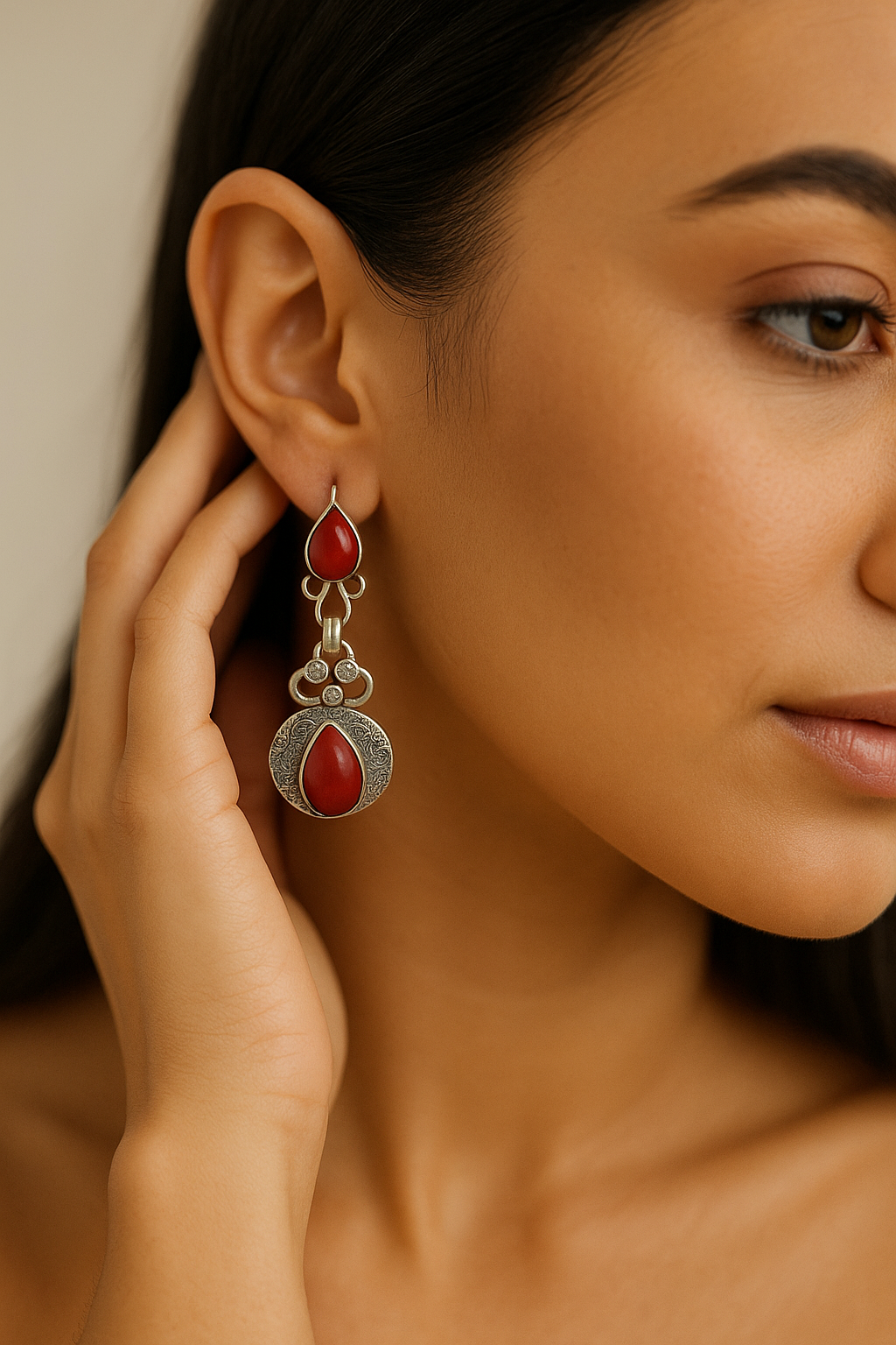 Red Coral Drop Earrings in Hand-Etched Silver Frame