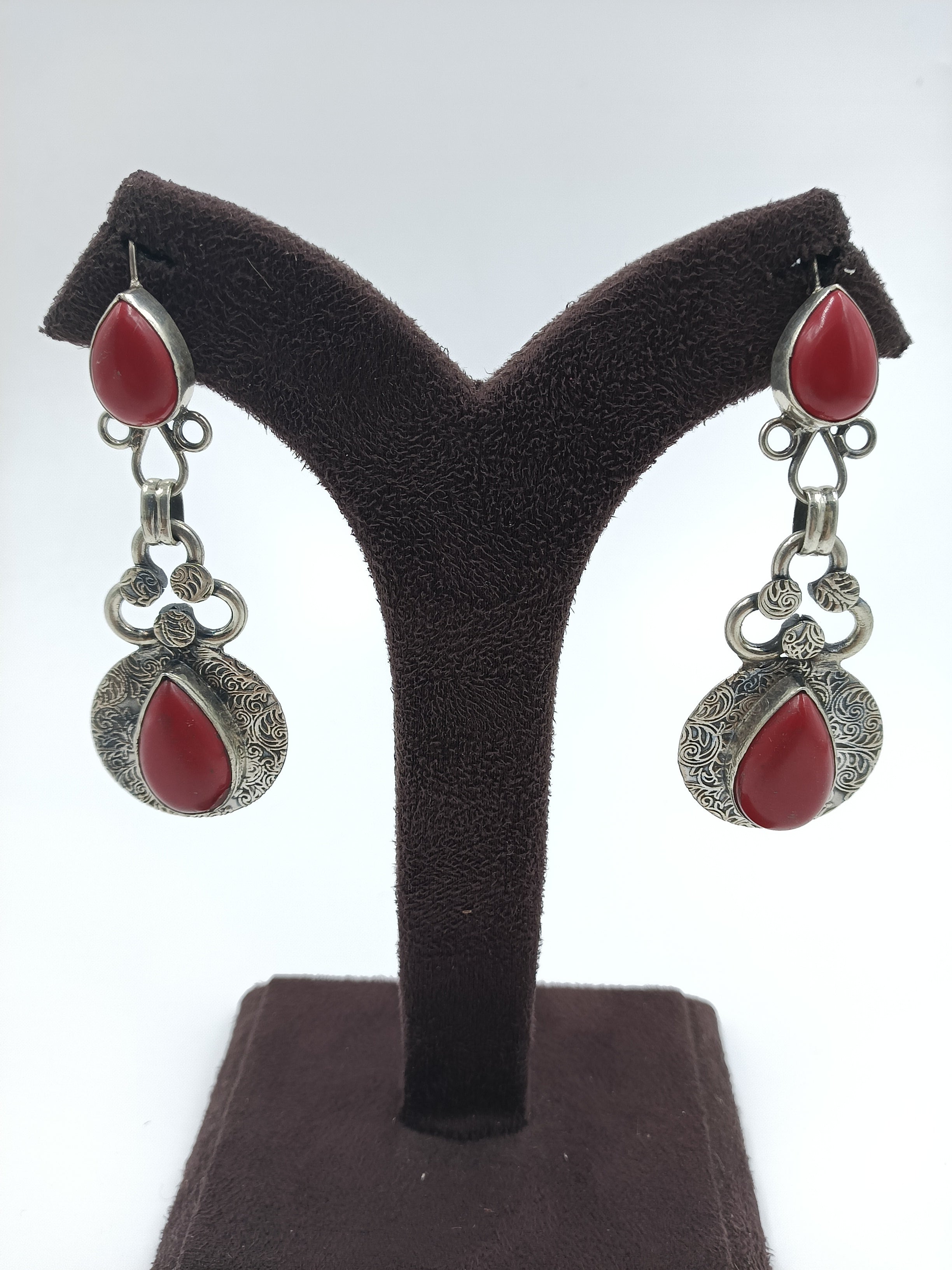 Red Coral Drop Earrings in Hand-Etched Silver Frame