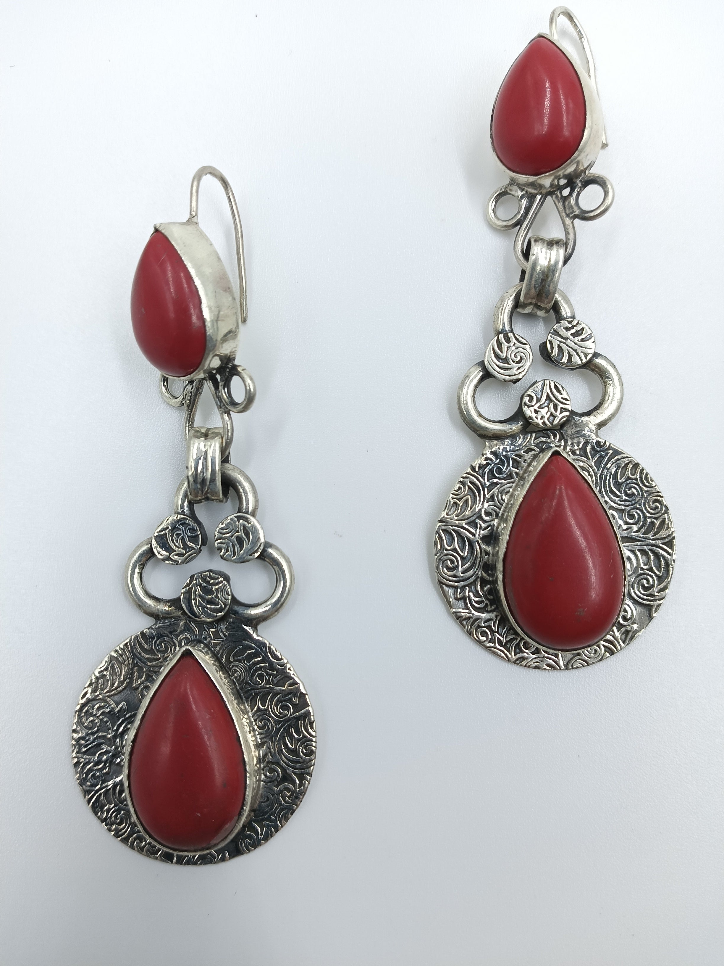 Red Coral Drop Earrings in Hand-Etched Silver Frame