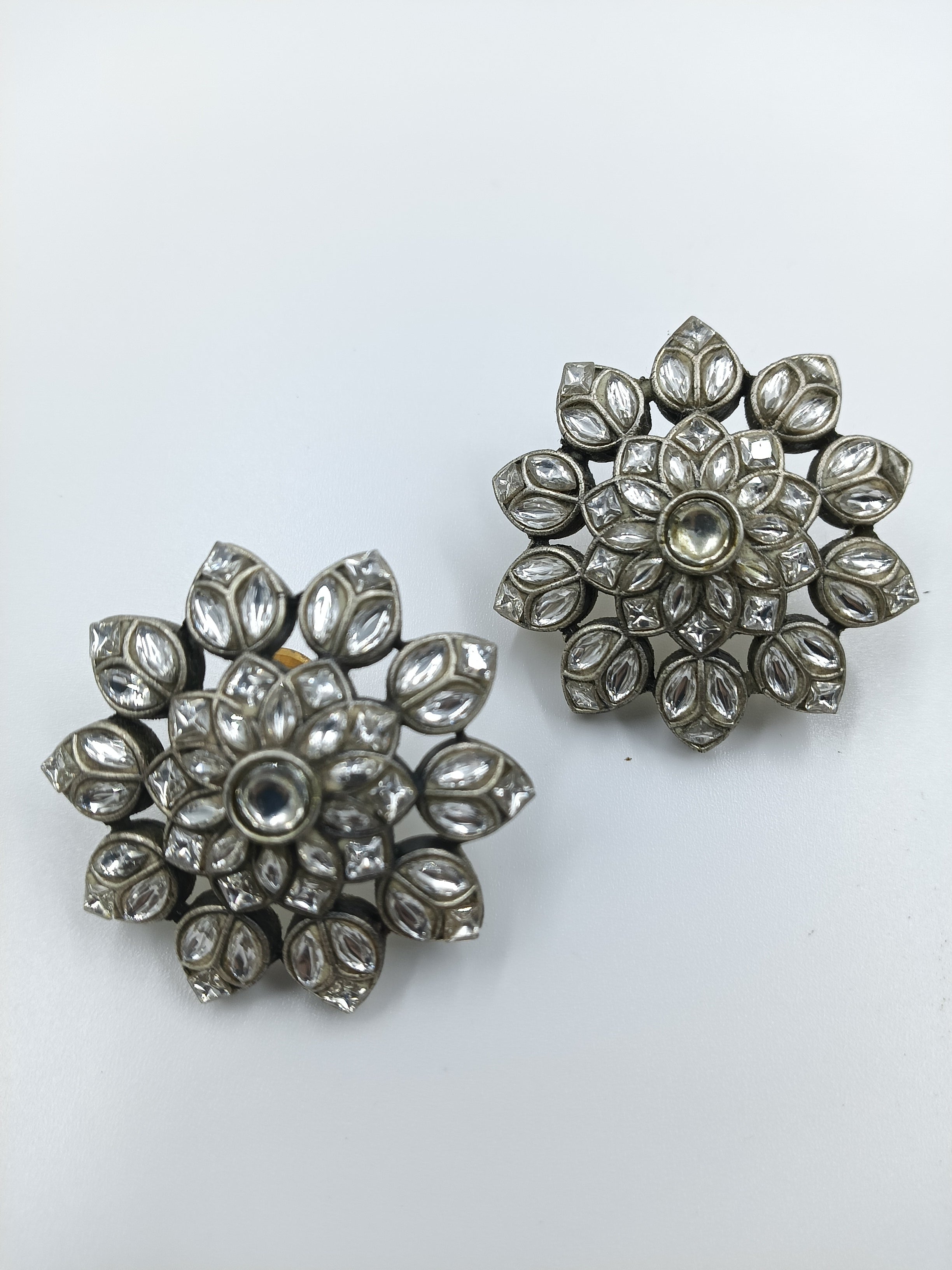 Statement Kundan Flower Studs in Pure Silver