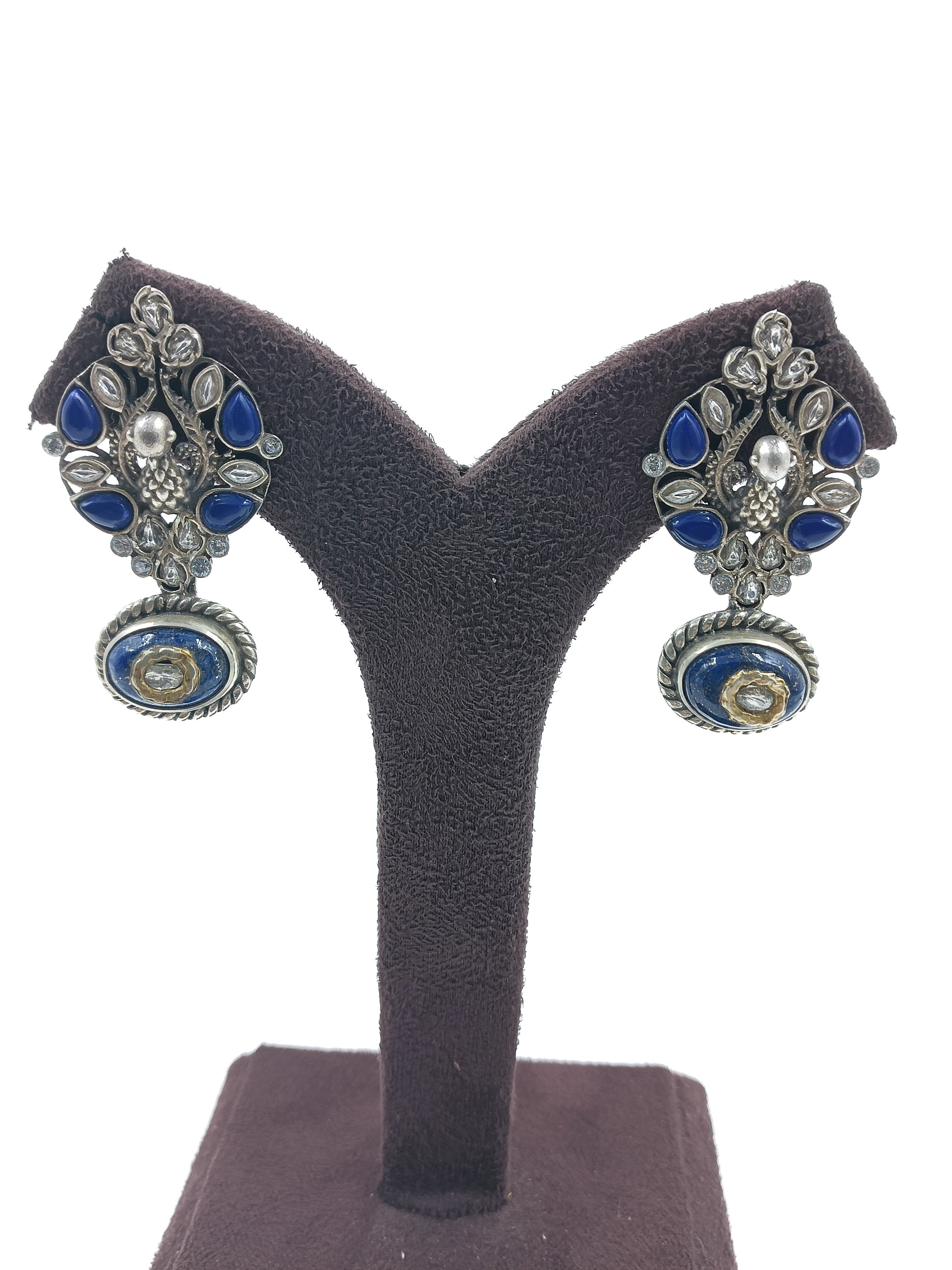 Peacock Motif Earrings with Blue Enamel Drop