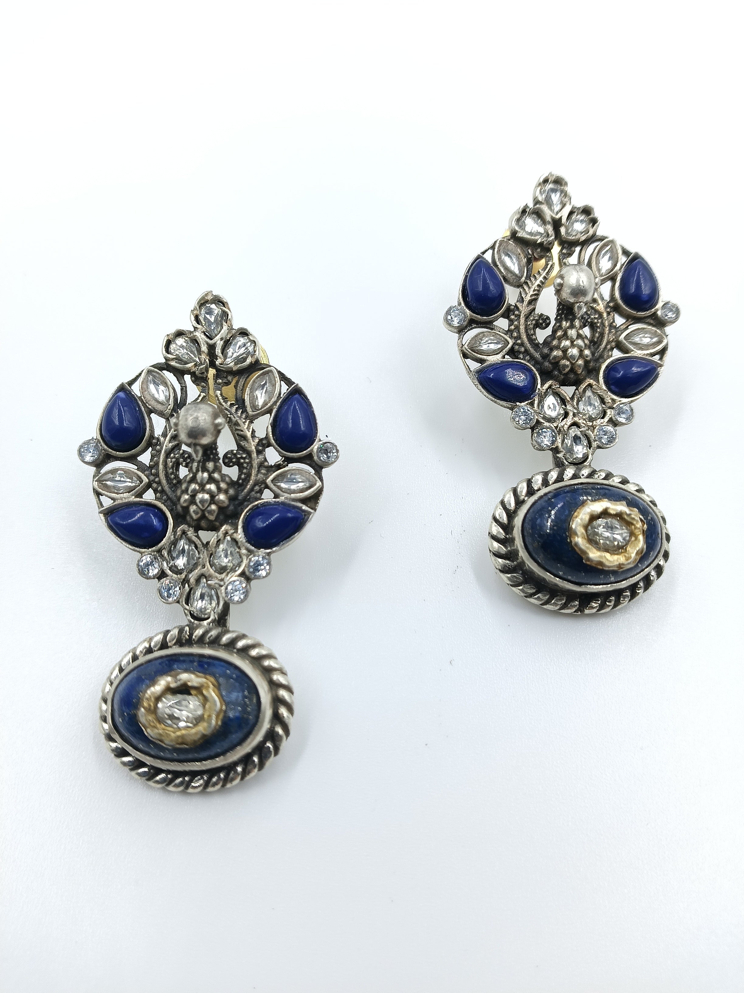 Peacock Motif Earrings with Blue Enamel Drop
