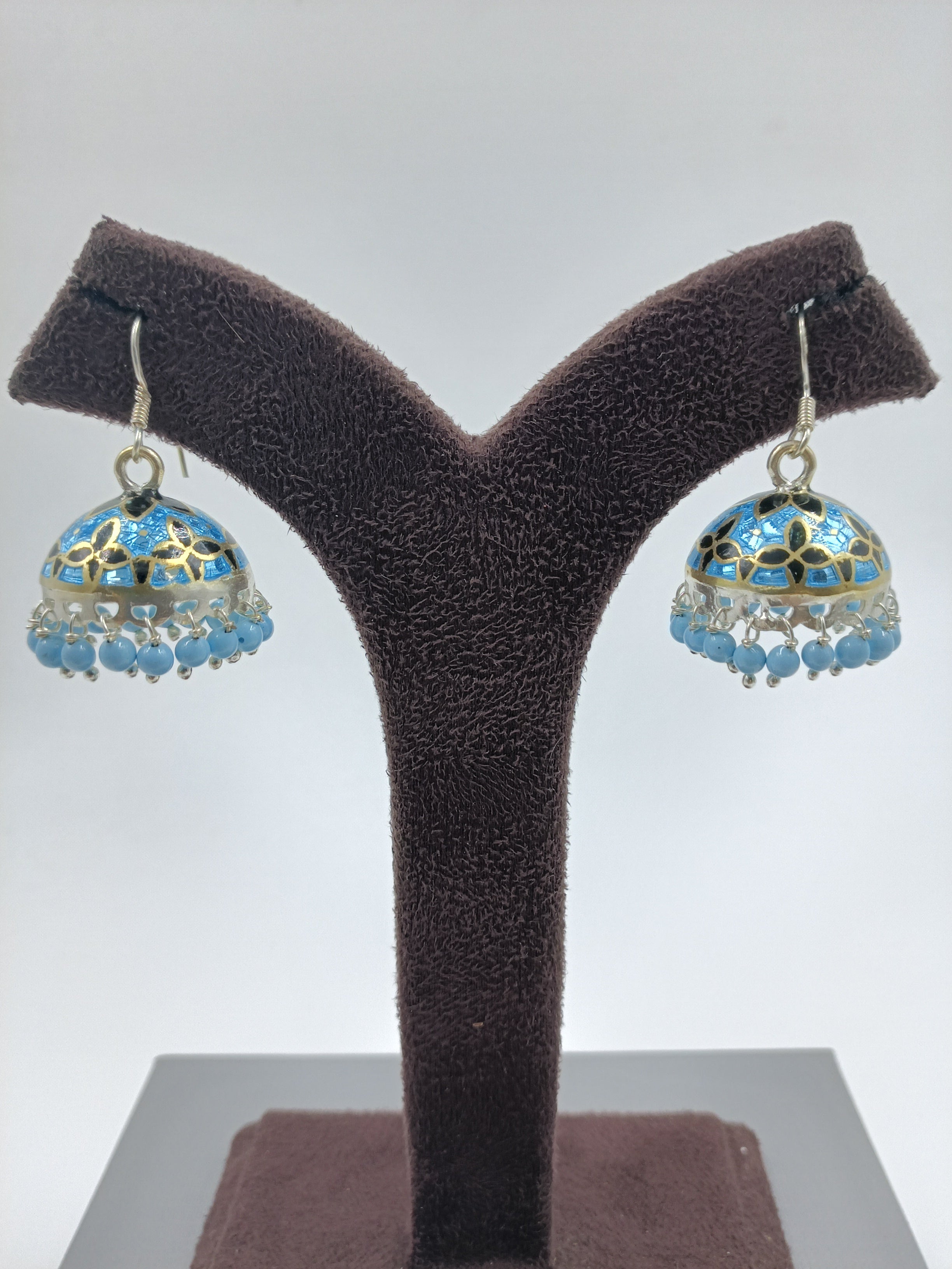 Sky Blue Enamel Jhumka Earrings with Beaded Fringe