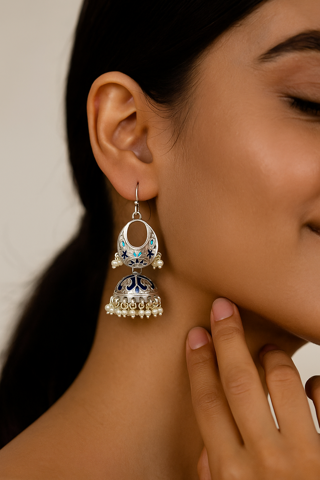 Double Jhumka Earrings in Silver with Meenakari and Pearls