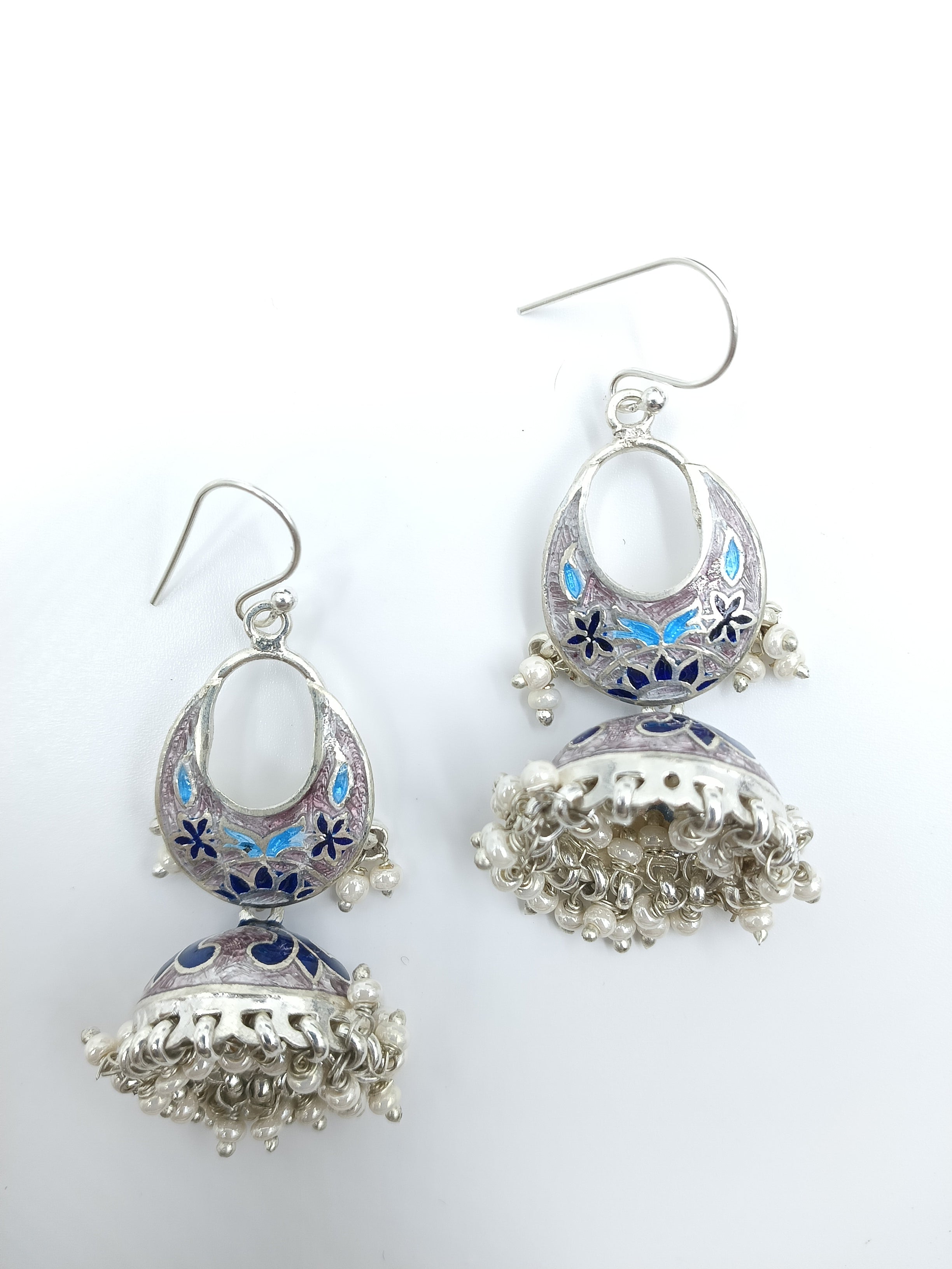 Double Jhumka Earrings in Silver with Meenakari and Pearls