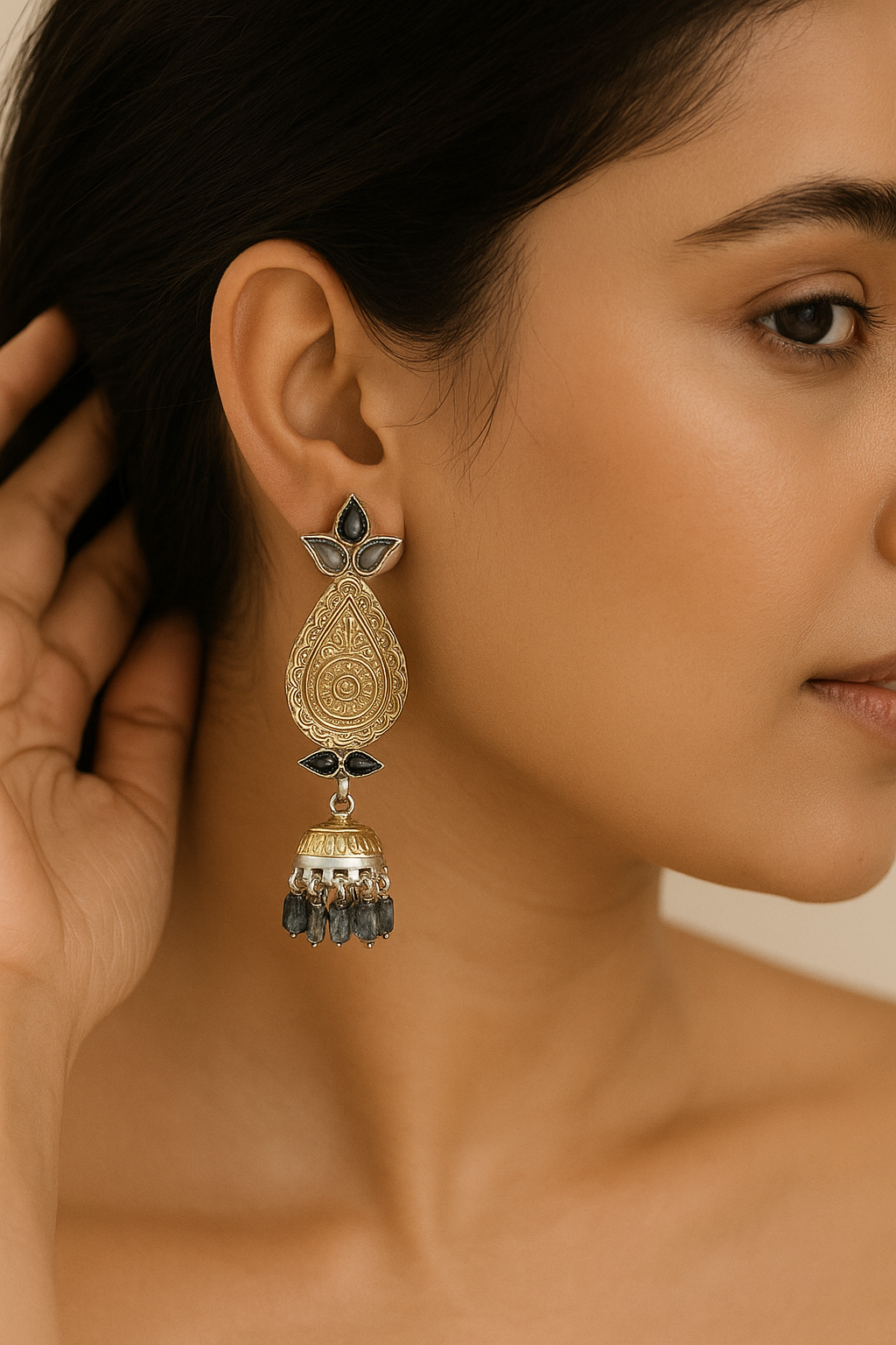 Gold Etched Teardrop Earrings with Dome Jhumka