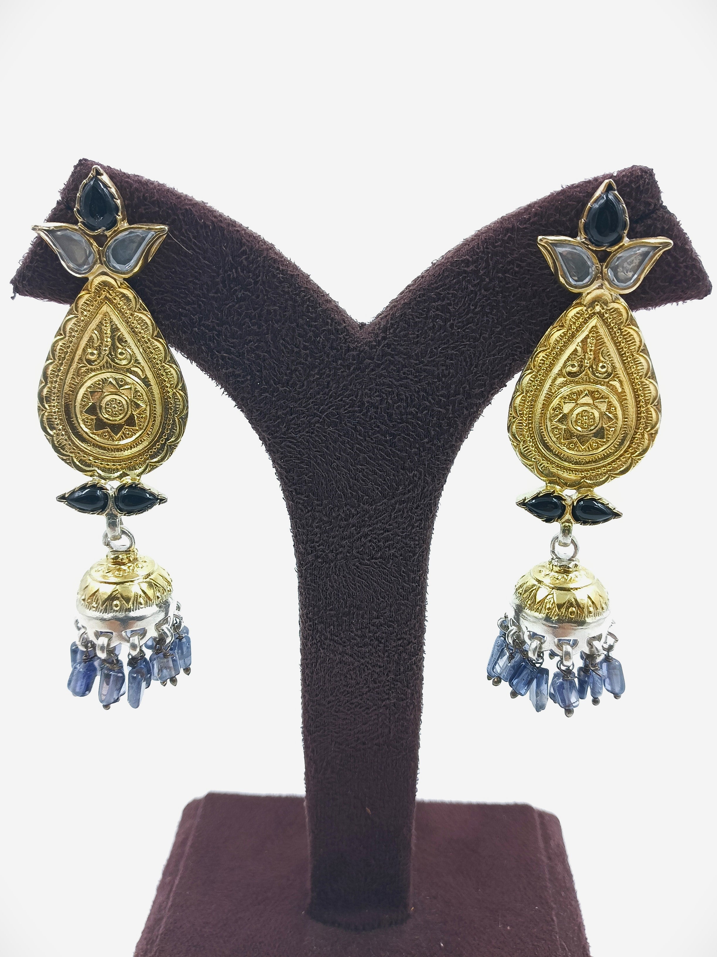 Gold Etched Teardrop Earrings with Dome Jhumka