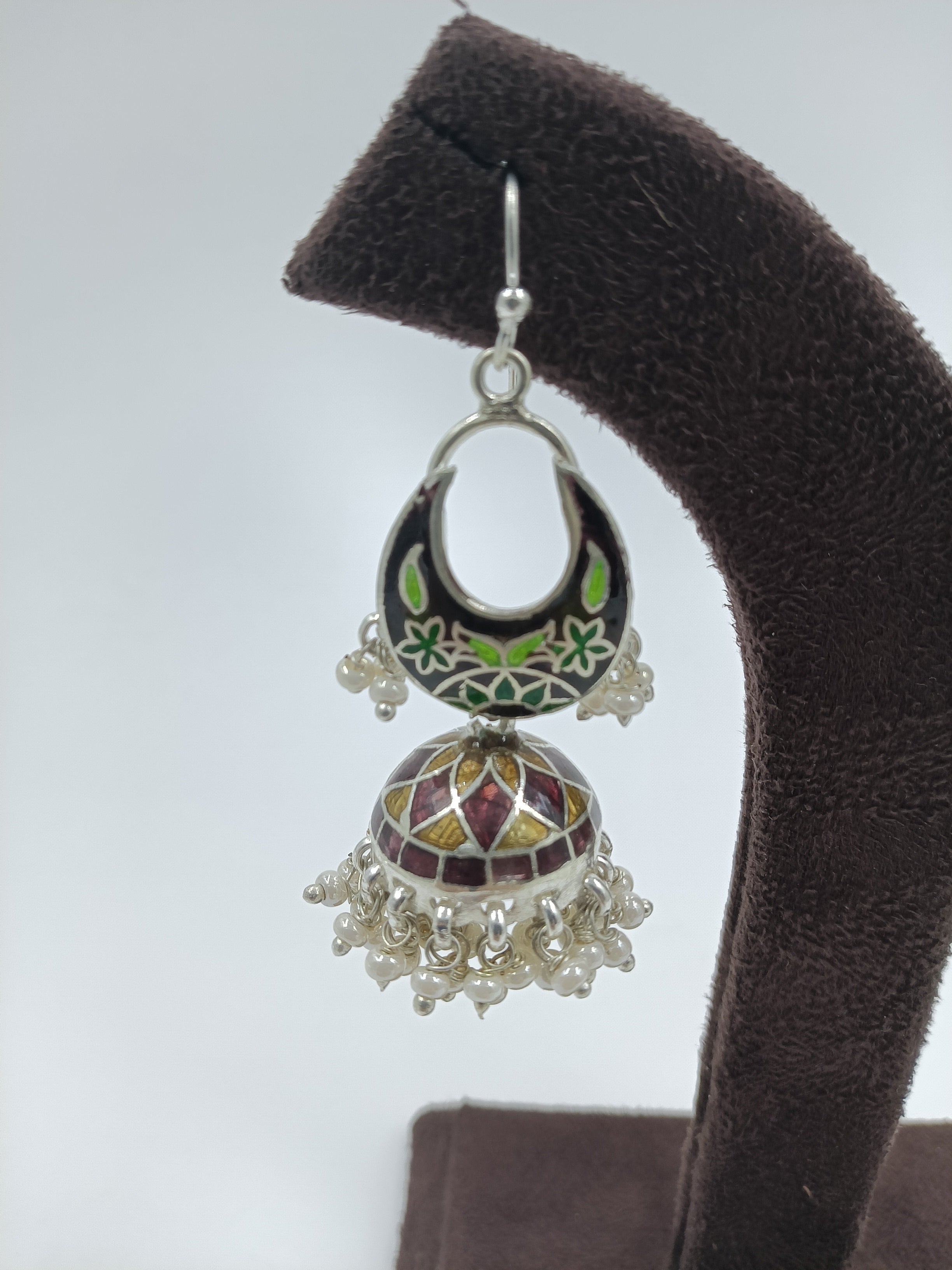 Dual Tone Meenakari Earrings with Burgundy Jhumka