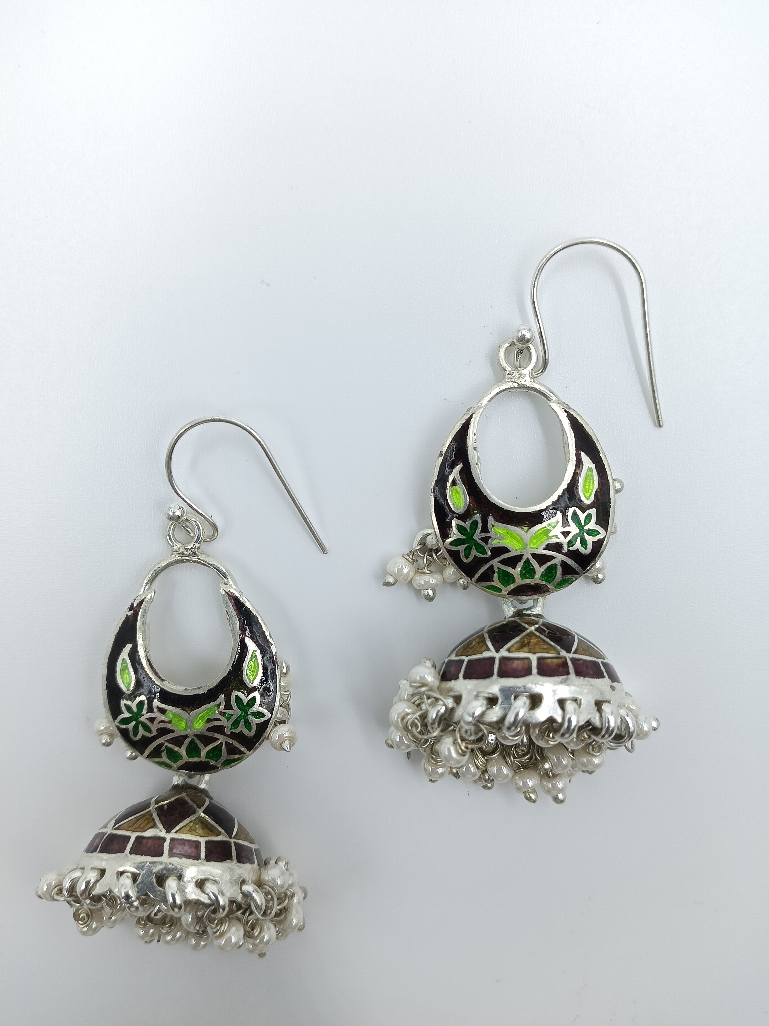 Dual Tone Meenakari Earrings with Burgundy Jhumka