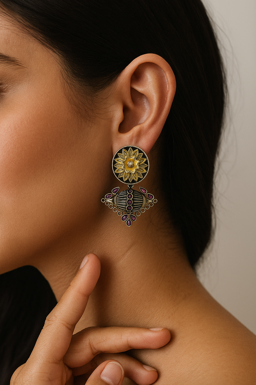 Sunburst Medallion Earrings with Magenta Drop Accents