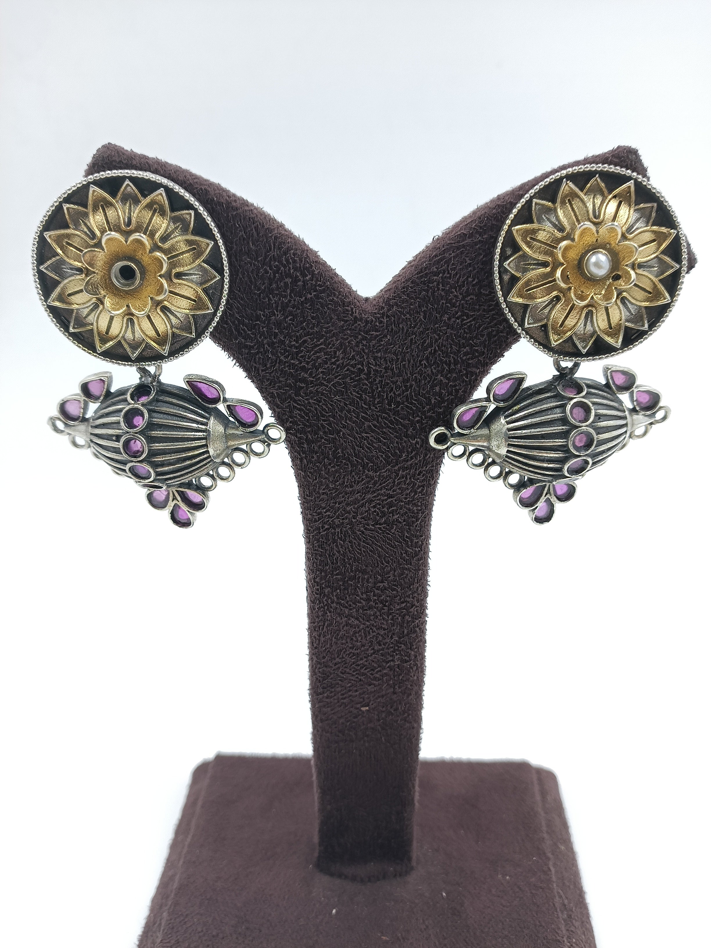 Sunburst Medallion Earrings with Magenta Drop Accents