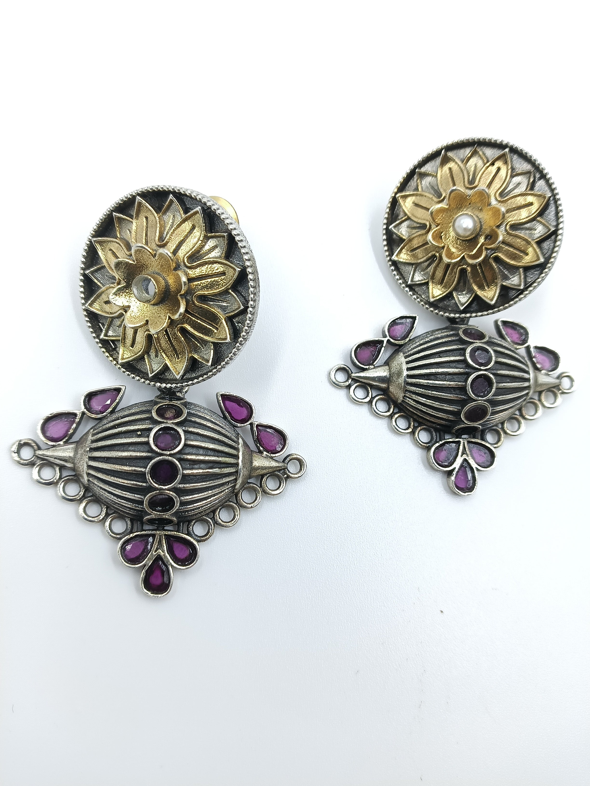 Sunburst Medallion Earrings with Magenta Drop Accents