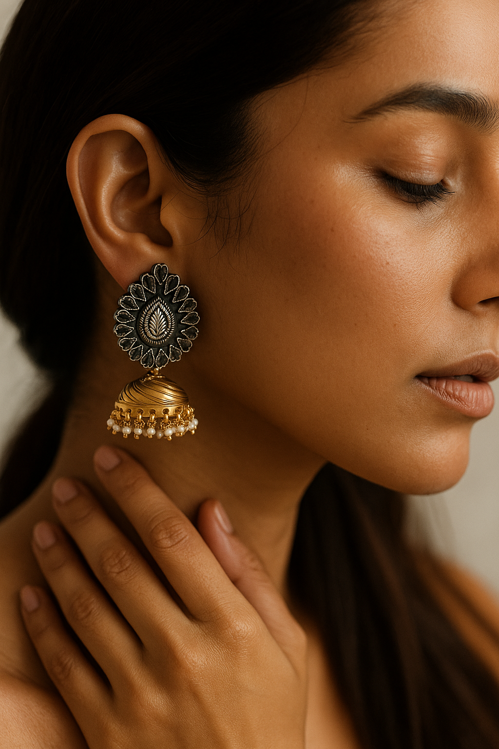 Bold Petal Stud Earrings with Dome Pearl Jhumka