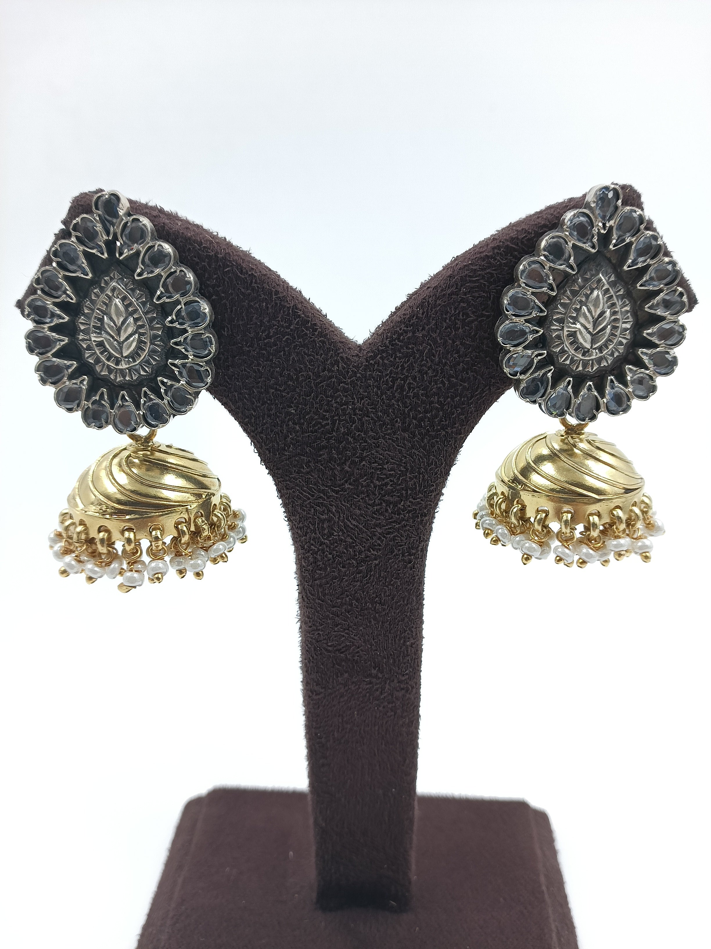 Bold Petal Stud Earrings with Dome Pearl Jhumka