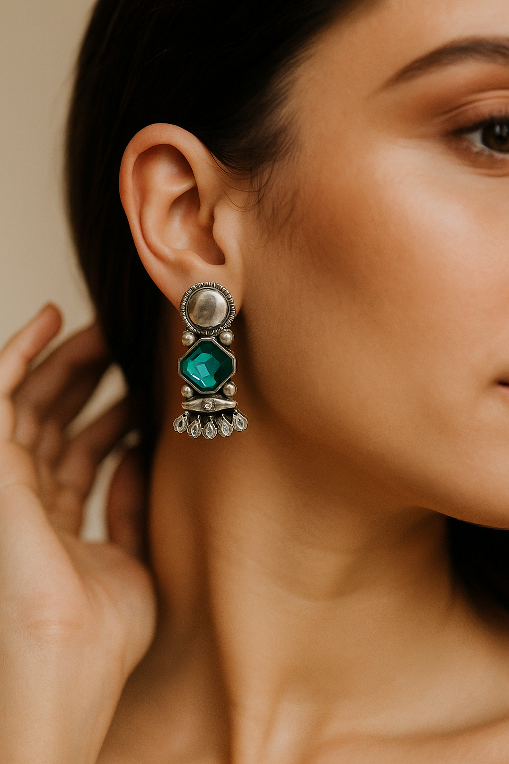 Hexa Green Stone Earrings with Beaded Fringe