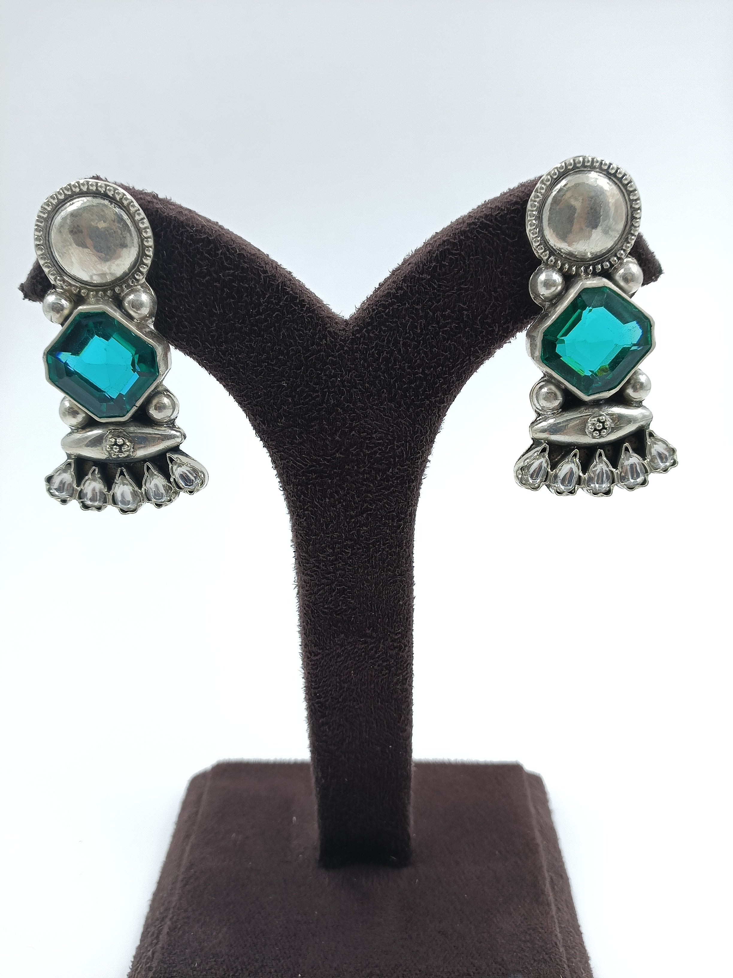 Hexa Green Stone Earrings with Beaded Fringe