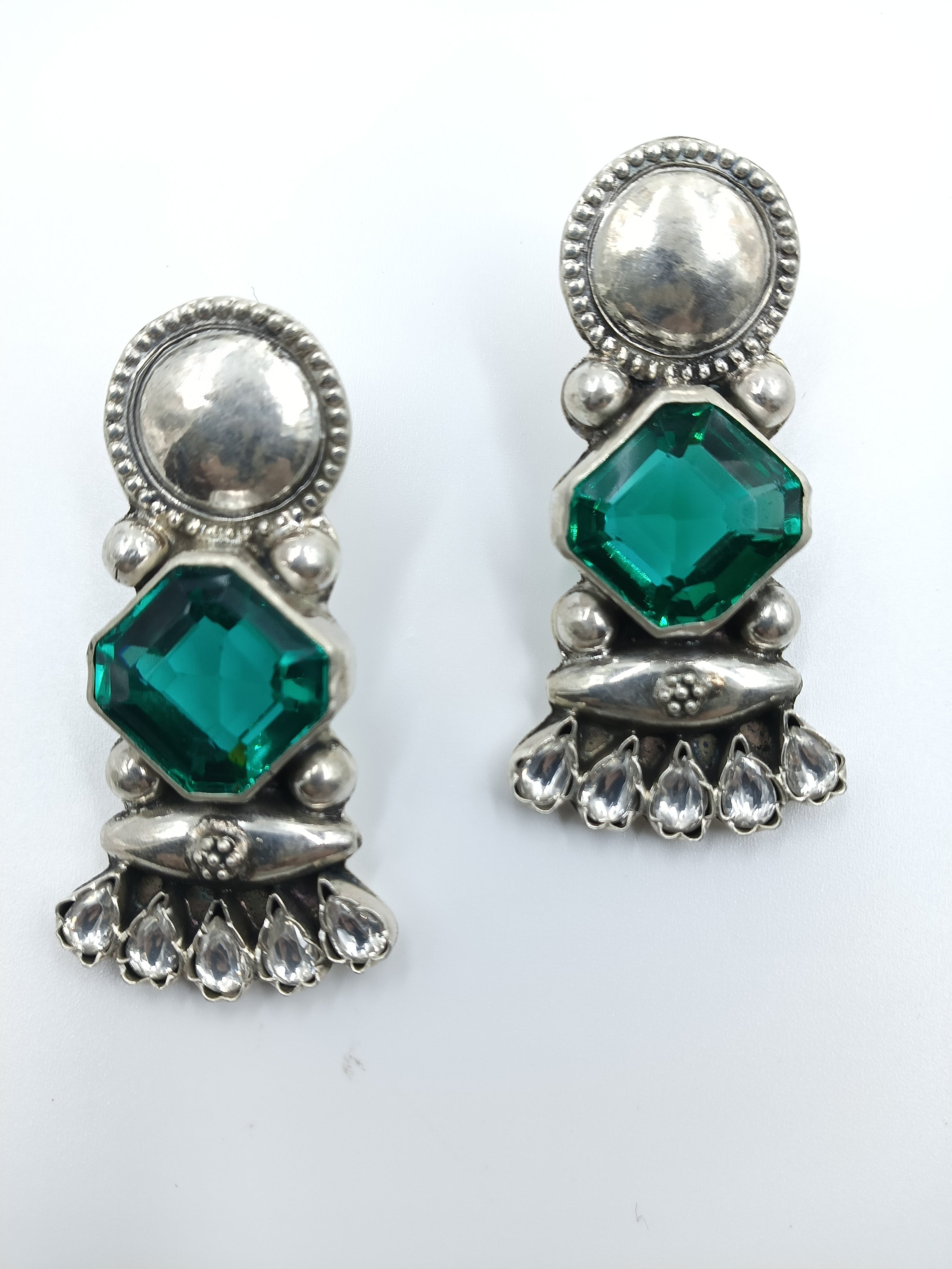 Hexa Green Stone Earrings with Beaded Fringe