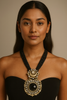 Oversized Black Onyx Pendant Necklace with Beaded Strings