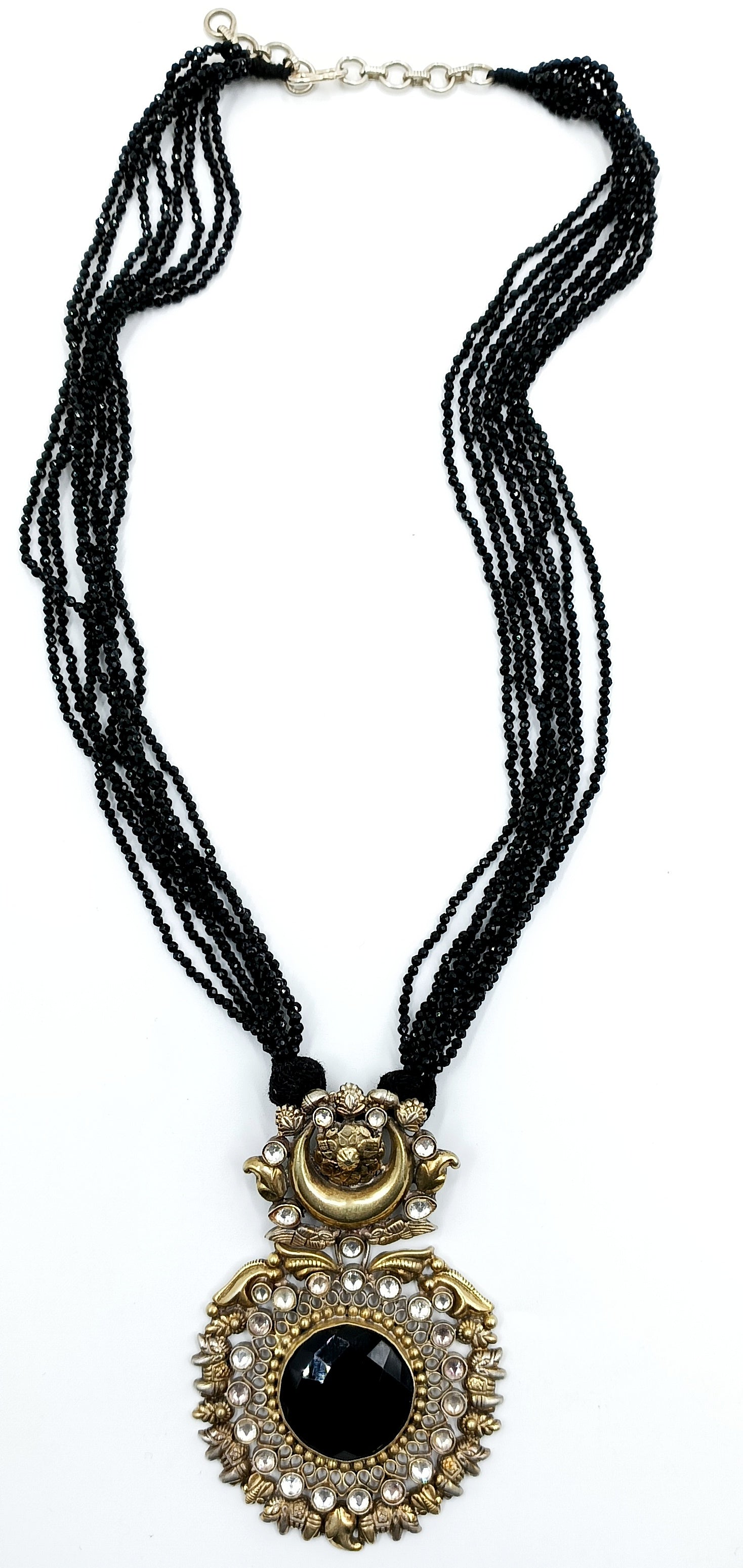 Oversized Black Onyx Pendant Necklace with Beaded Strings