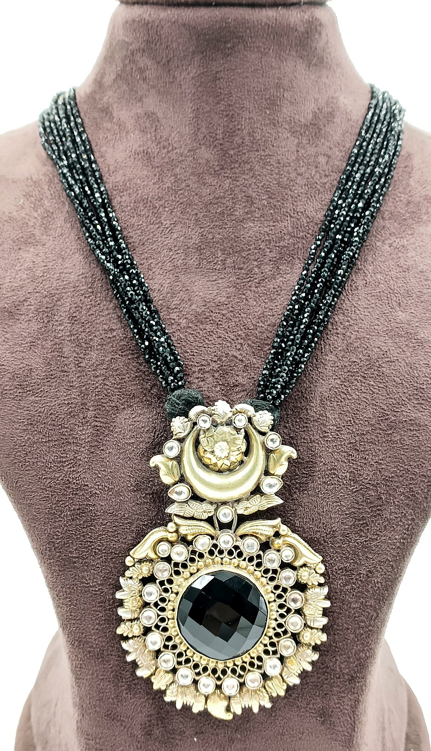 Oversized Black Onyx Pendant Necklace with Beaded Strings