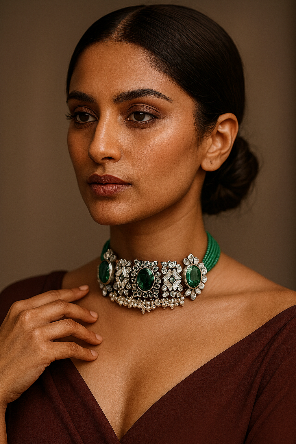 Emerald Green Beaded Choker with Kundan Work