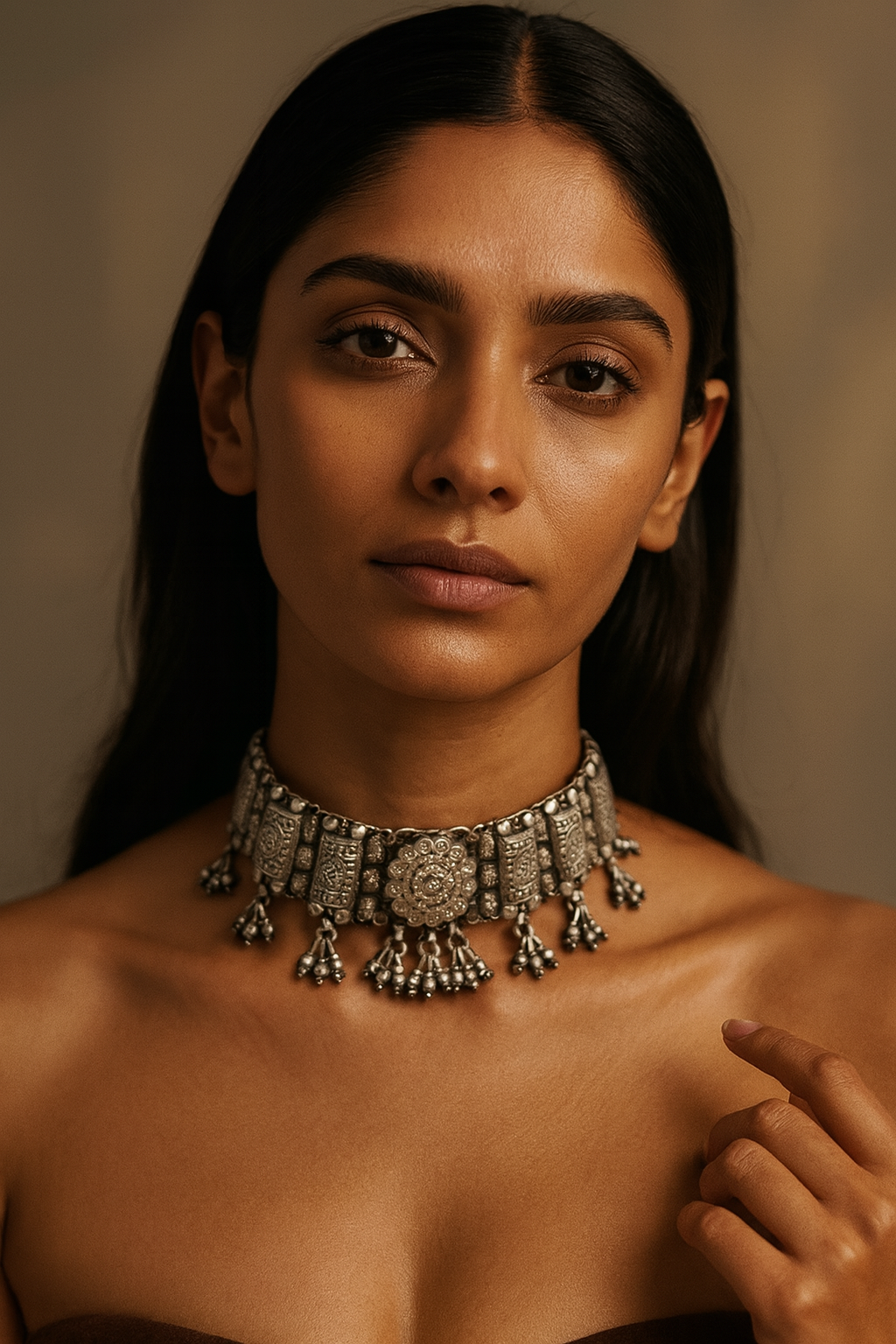 Oxidized Silver Tribal Choker with Dangling Bells