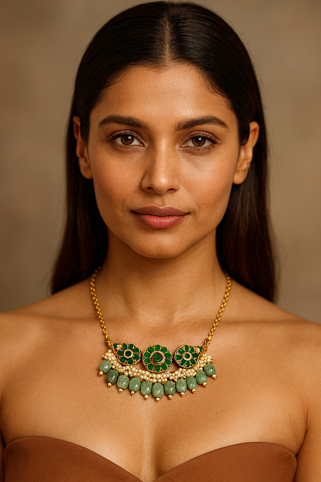 Green Enamel Necklace with Shell Pearls & Beads