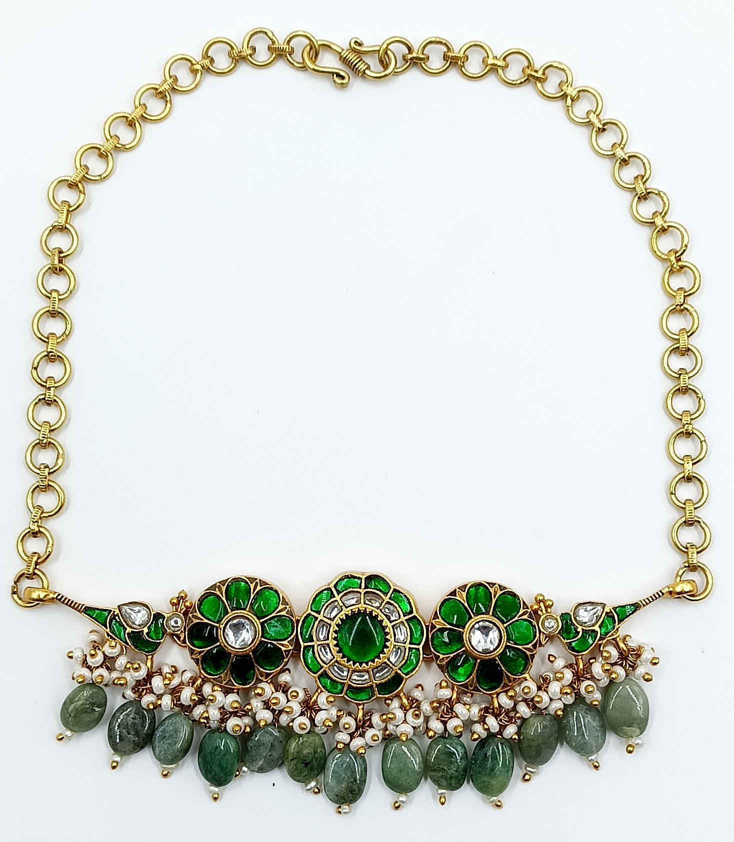Green Enamel Necklace with Shell Pearls & Beads